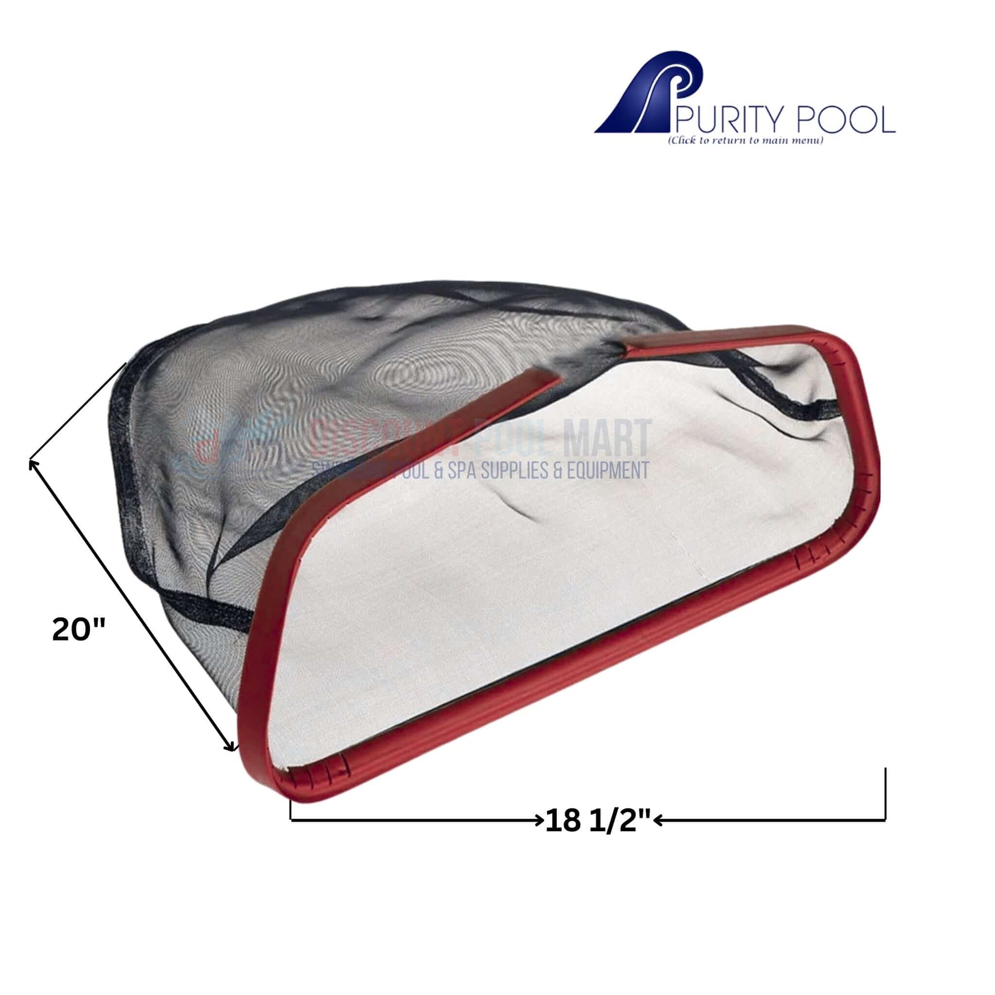 Purity Pool Red Baron Bag Leaf Rake 20" shown from the side, designed for efficient pool cleaning by Discount Pool Mart DPM.