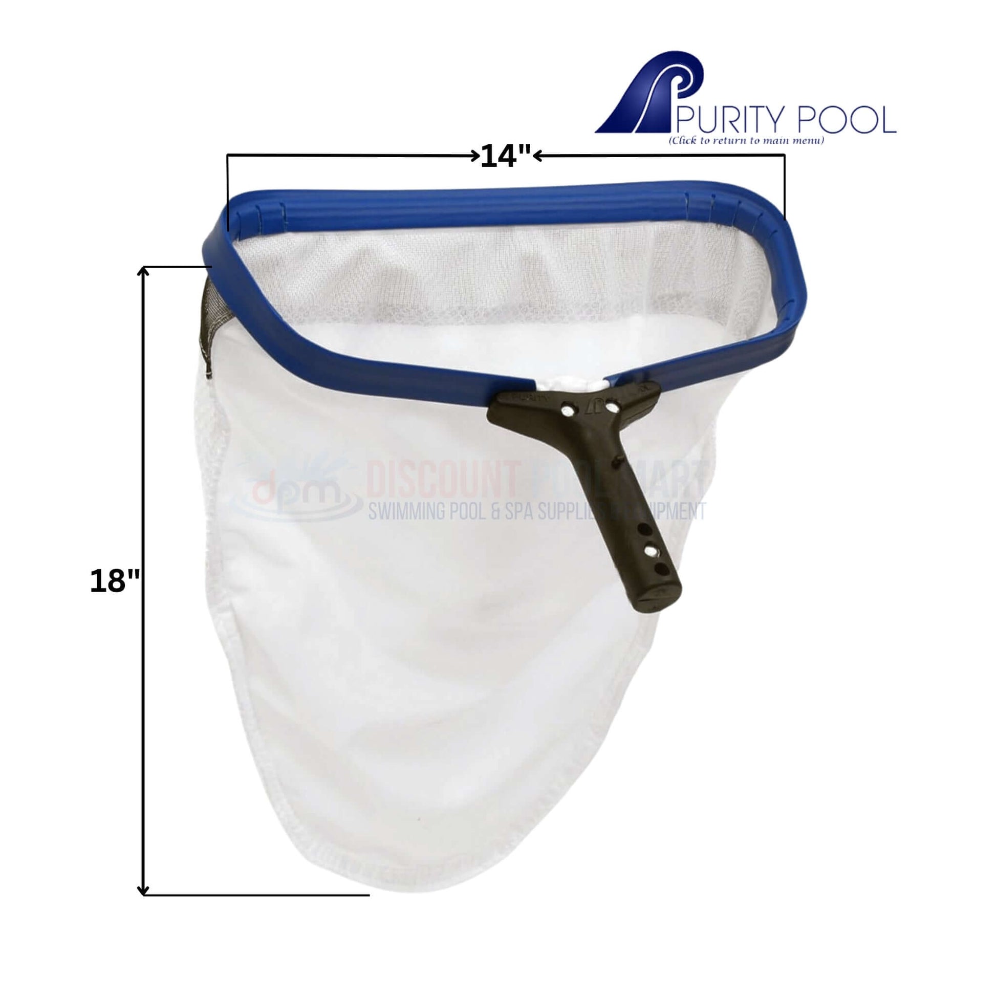 Purity Pool Spa Scoop Leaf Rake, 14" x 18" dimensions, ideal for cleaning pools; available at Discount Pool Mart DPM.