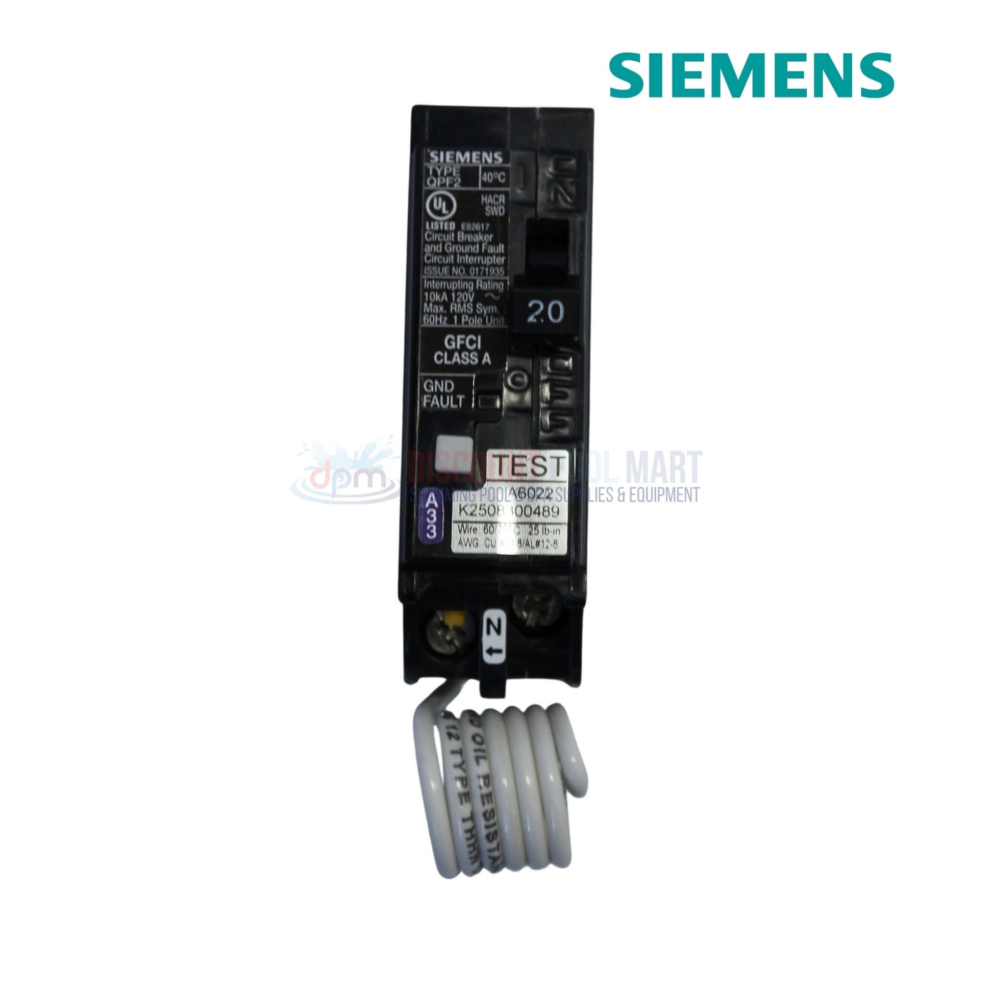 QF120A | Siemens Single Pole 20 AMP GFCI Circuit Breaker from Discount Pool Mart, front view, with white wire for installation.
