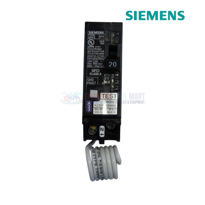QF120A | Siemens Single Pole 20 AMP GFCI Circuit Breaker from Discount Pool Mart, front view, with white wire for installation.