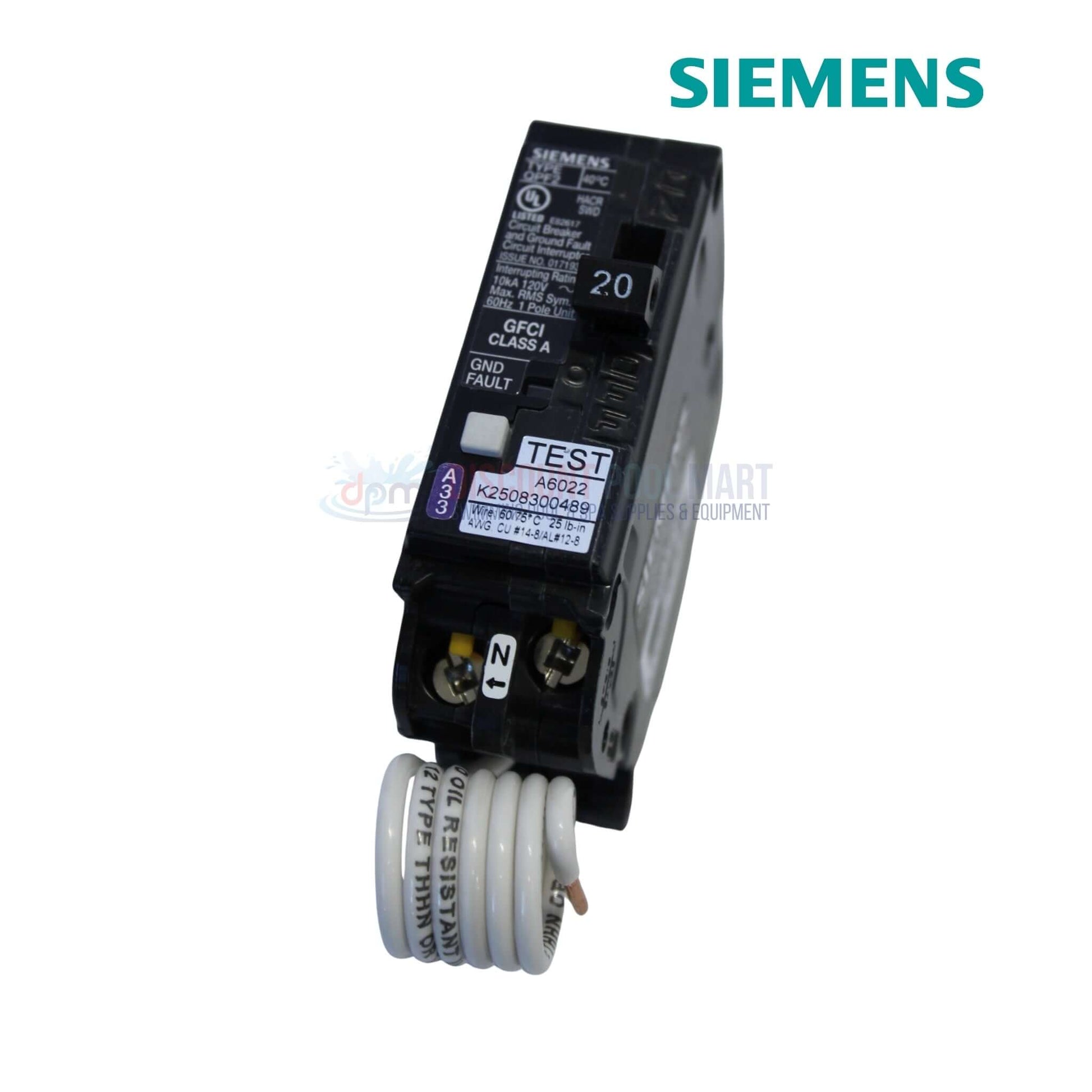 QF120A | Siemens Single Pole 20 AMP GFCI Circuit Breaker shown from the side, black color, ideal for pool supplies at Discount Pool Mart.