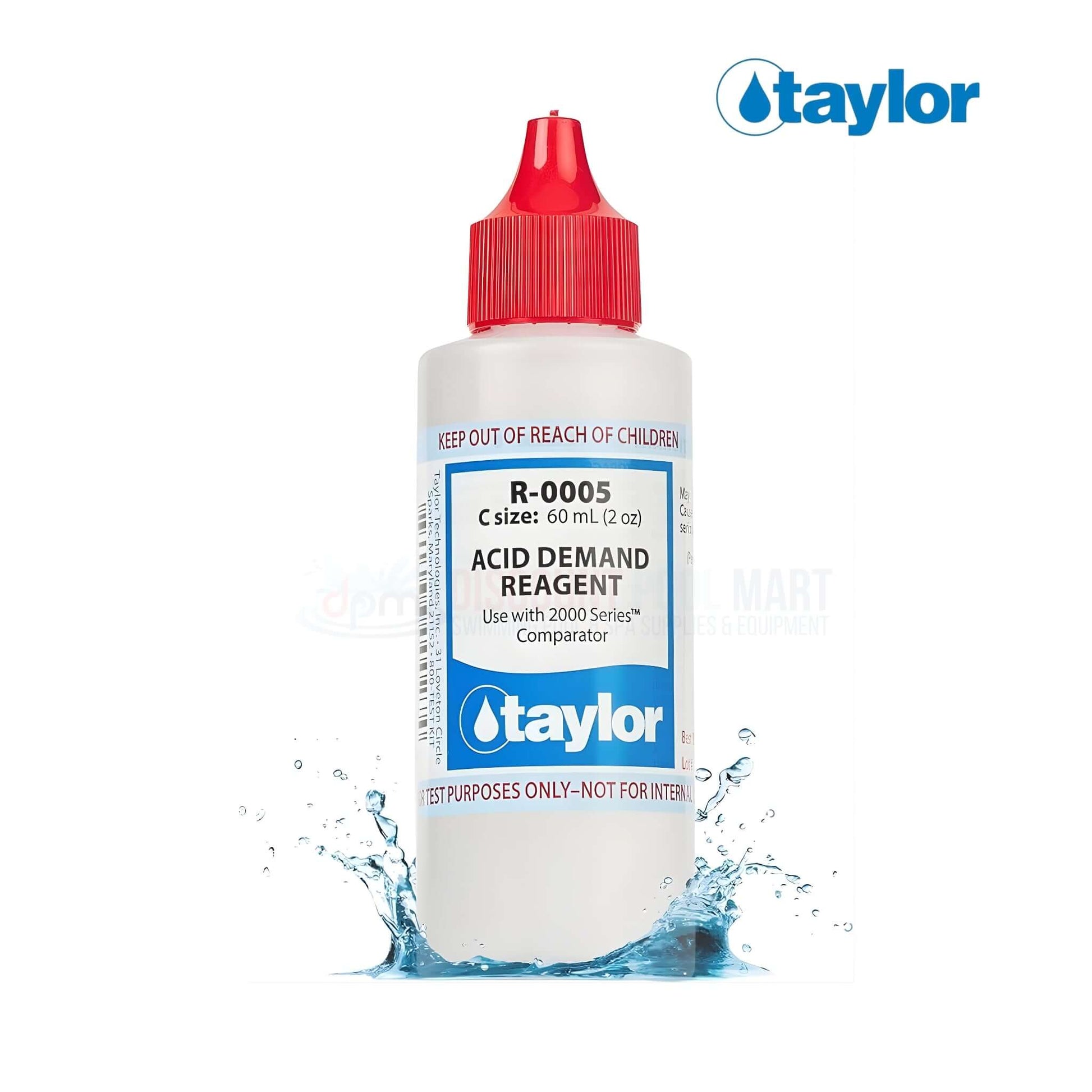 R-0005-C | Taylor Acid Demand Reagent | 2 oz in a drop bottle with red cap, surrounded by water, from Discount Pool Mart.