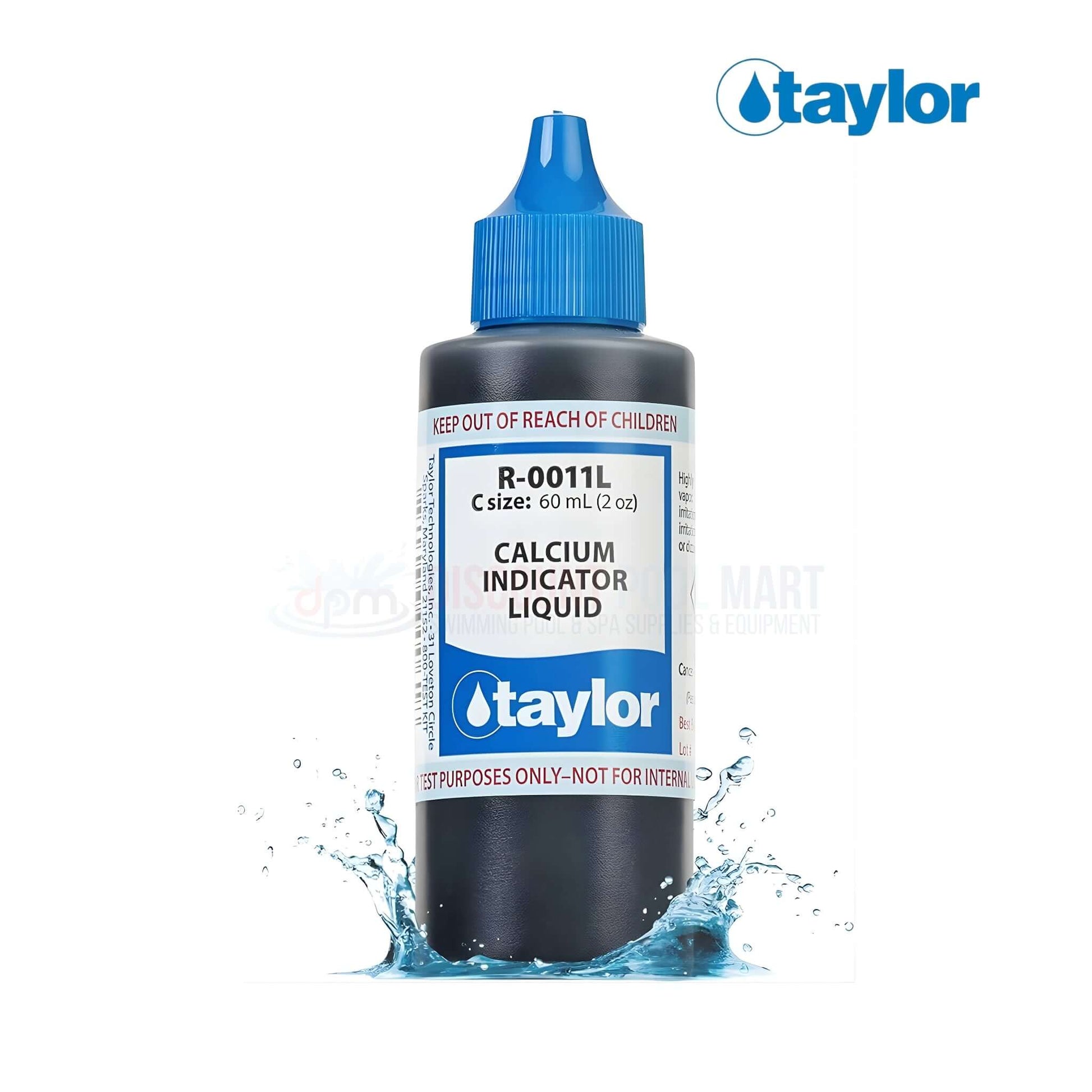 R-0011L-C | Taylor Calcium Indicator Liquid | 2 oz. bottle with blue cap in water, ideal for pool testing. Discount Pool Mart.
