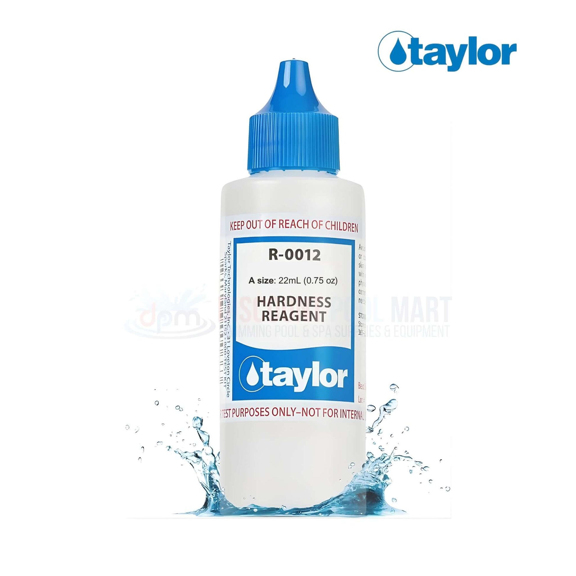 R-0012-A | Taylor Hardness Reagent | 0.75 oz. dropper bottle on splash background from Discount Pool Mart, DPM, pool supplies.