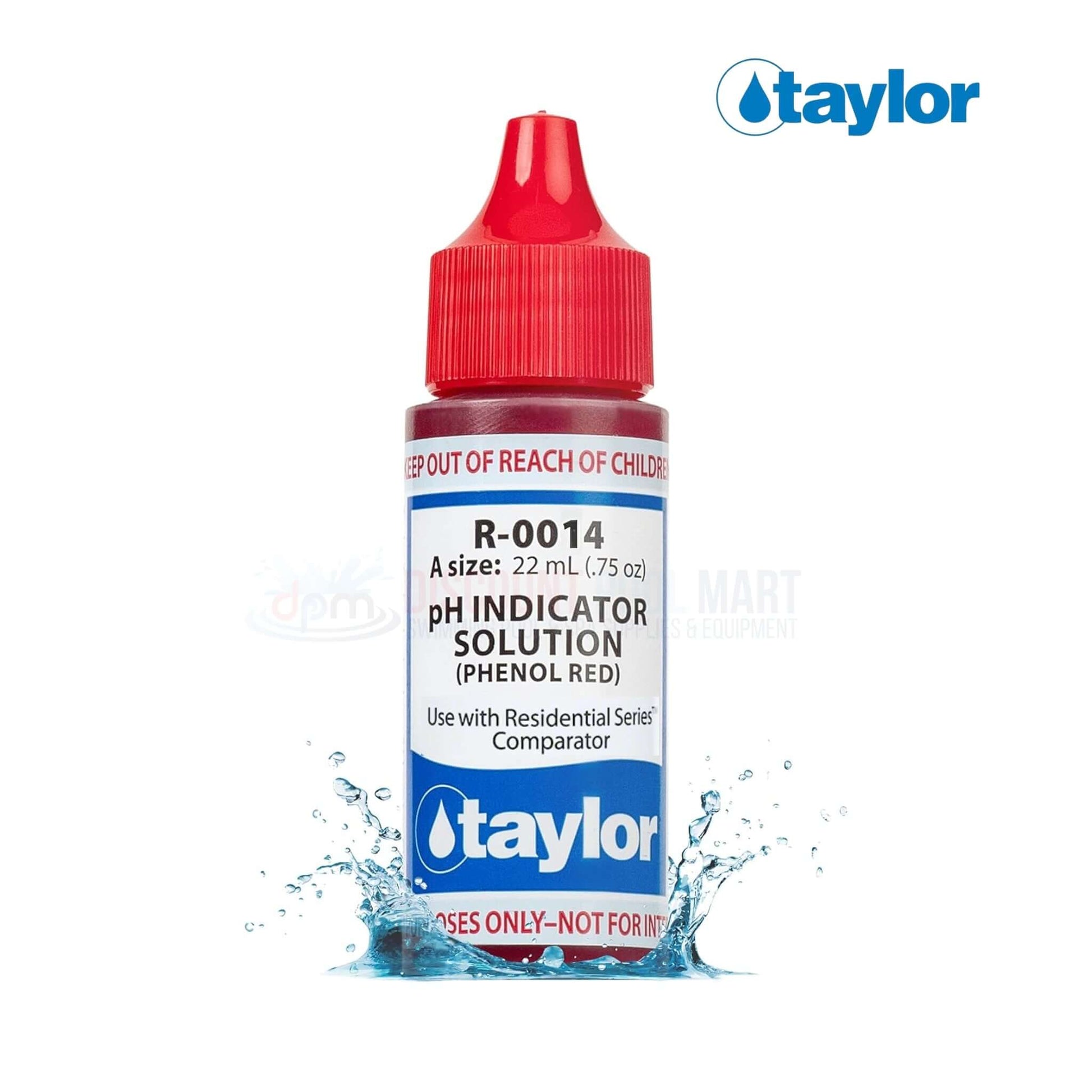 R-0014-A | Taylor PH Indicator Solution | Phenol Red | 0.75 oz in a dropper bottle, ideal for pool testing, visible red color, from Discount Pool Mart.