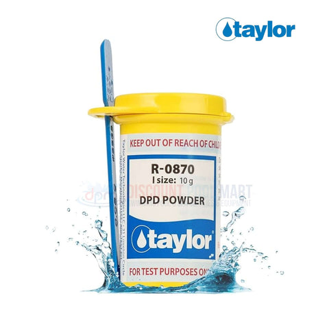 R-0870 | Taylor DPD Powder | 10g in a yellow container with a blue scoop, ideal for pool sanitizer testing at Discount Pool Mart.