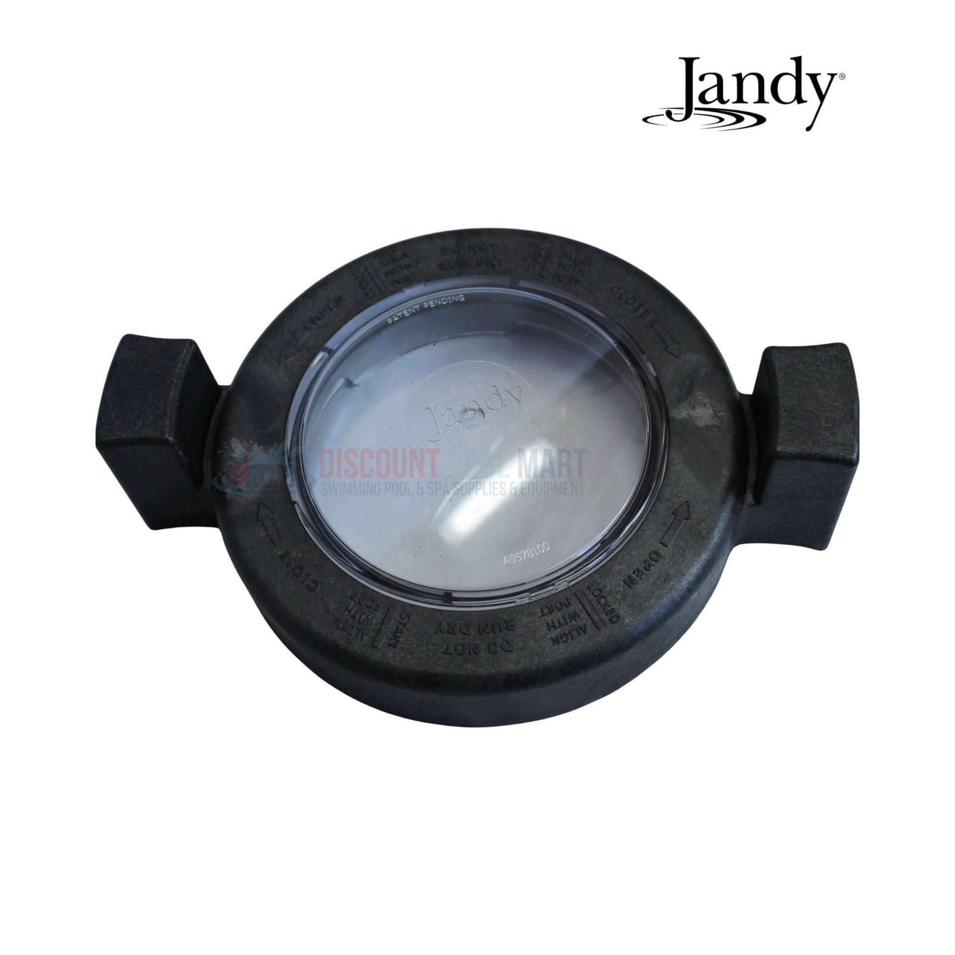 Jandy Locking Ring Lid R0448800 for PlusHP, PHP, PHPM, MHPM pumps, top view, black with clear center, pool supplies from Discount Pool Mart.