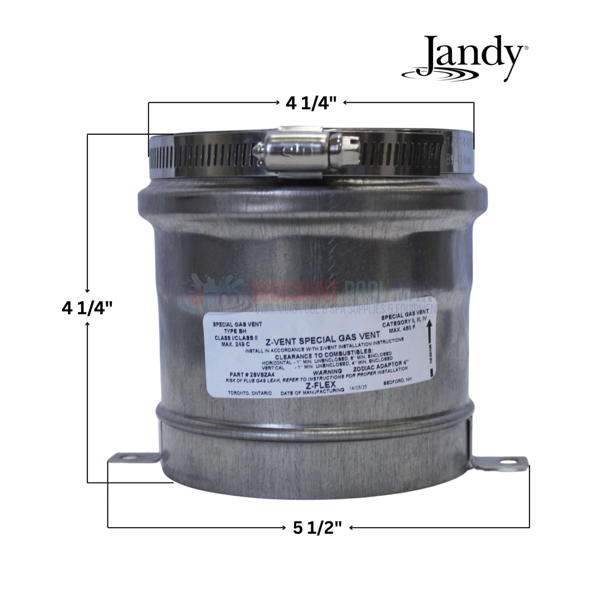 Jandy R0731100 | Jandy JXI Heaters 4" Vent Adapter Kit, silver color, showing dimensions, used with pool heaters, Discount Pool Mart.