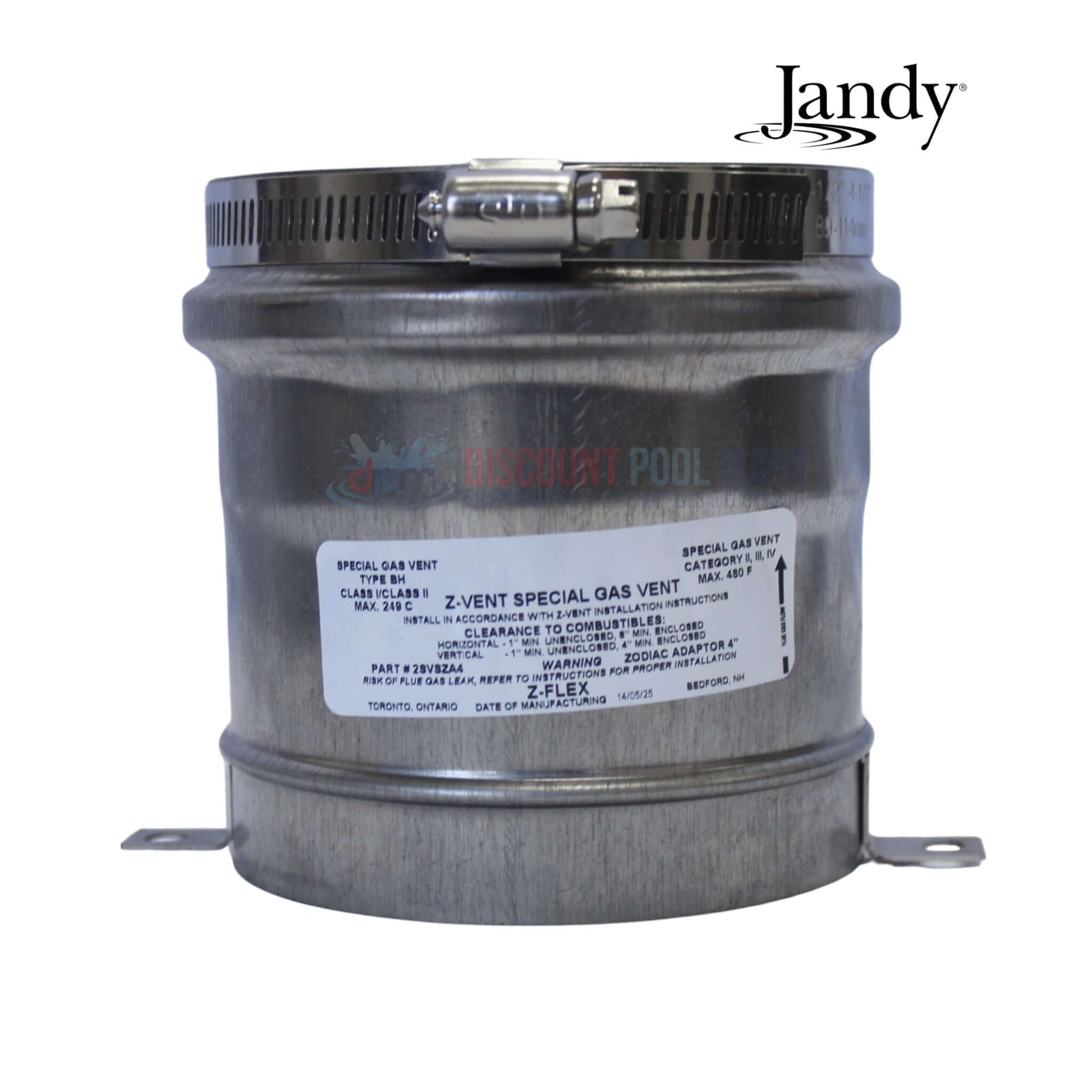 R0731100 | Jandy JXI Heaters 4" Vent Adapter Kit showing a metallic 4-inch vent, ideal for DPM pool supplies and swimming pool parts.