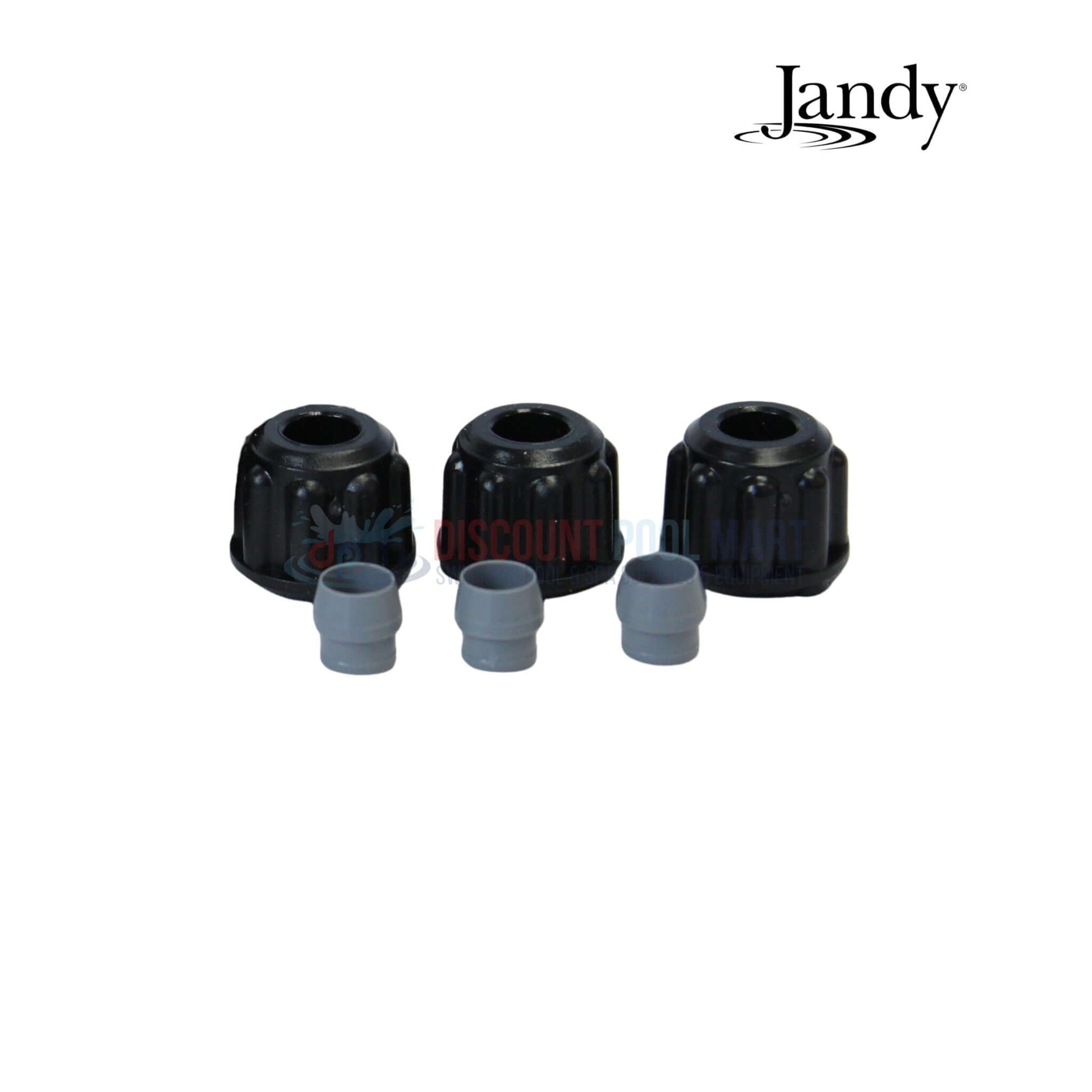 R0945300 | Jandy TruDose Pump Accessory Kit includes three black caps and two gray connectors for pool automation, ideal for pool supplies.
