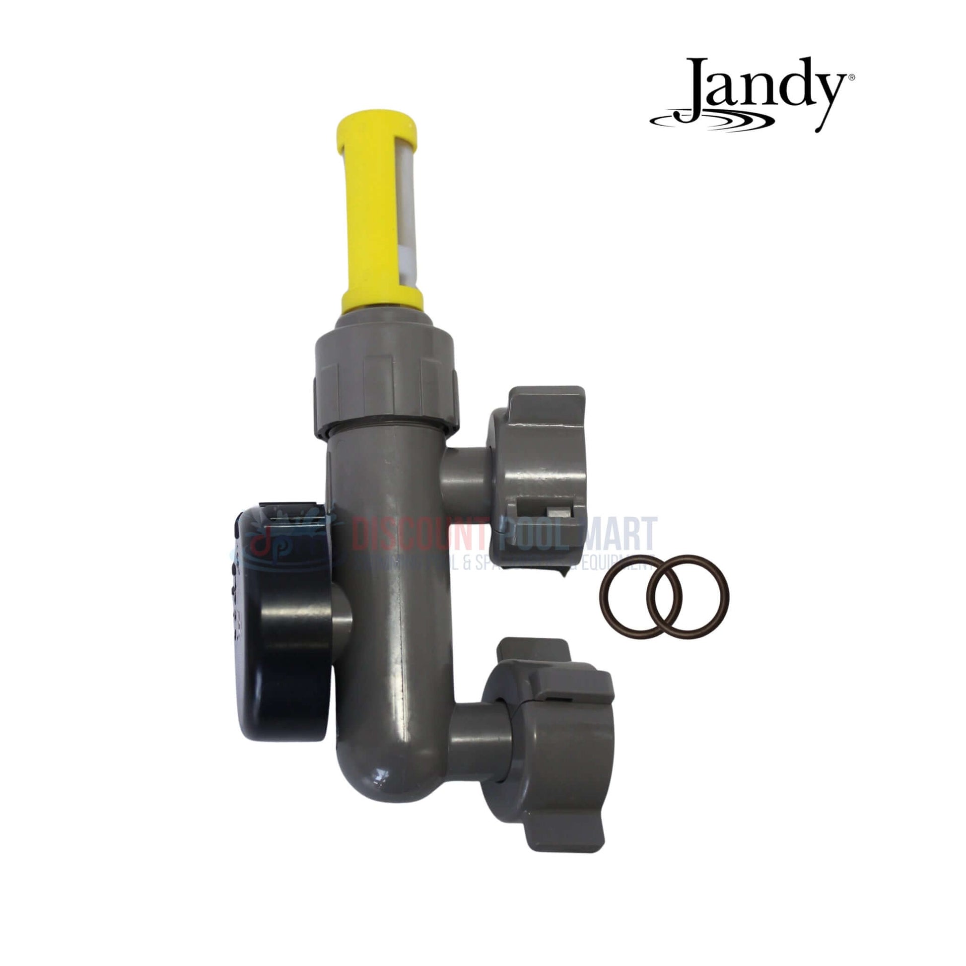 R0966600 | Jandy TruChlor Valve & Flow Indicator in gray with yellow handle, includes two O-rings for pool supplies from Discount Pool Mart.