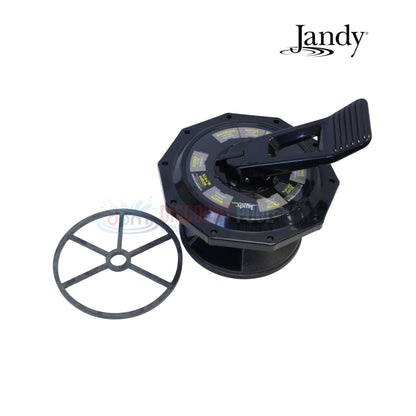 R0987700 | Jandy SFTM24-2.0 Top Valve Assembly in black with lever, showing included components. Available at Discount Pool Mart.