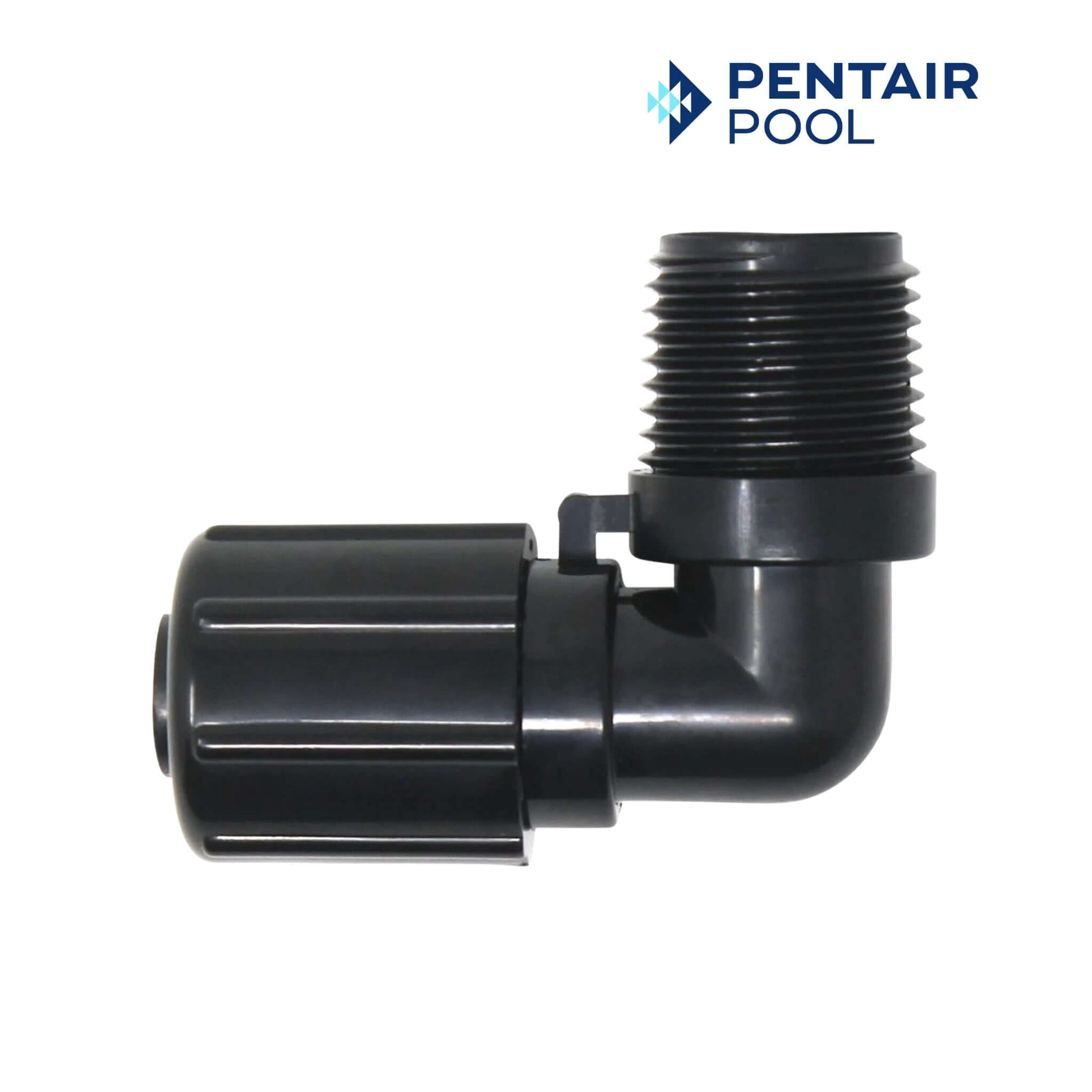 R172272 | Pentair Rainbow Feeder 90 Degree Elbow Tube With Nut in black, used for pool chemical feed, available at Discount Pool Mart.