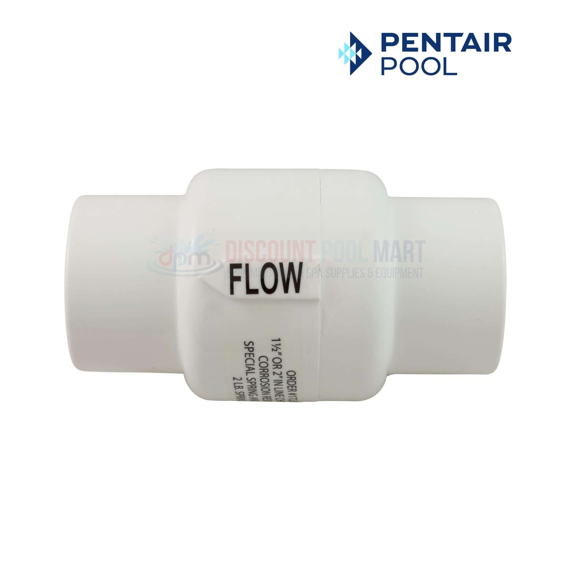 R172288 | Pentair Rainbow Feeder Check Valve 1.5" - 2" showing white PVC construction, labeled for flow direction, from Discount Pool Mart.