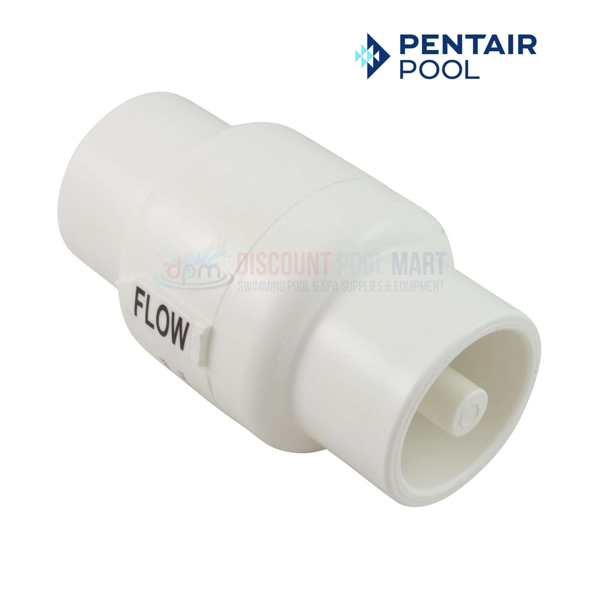 R172288 | Pentair Rainbow Feeder Check Valve 1.5" - 2" from Discount Pool Mart, white, shown for flow direction in pool systems.