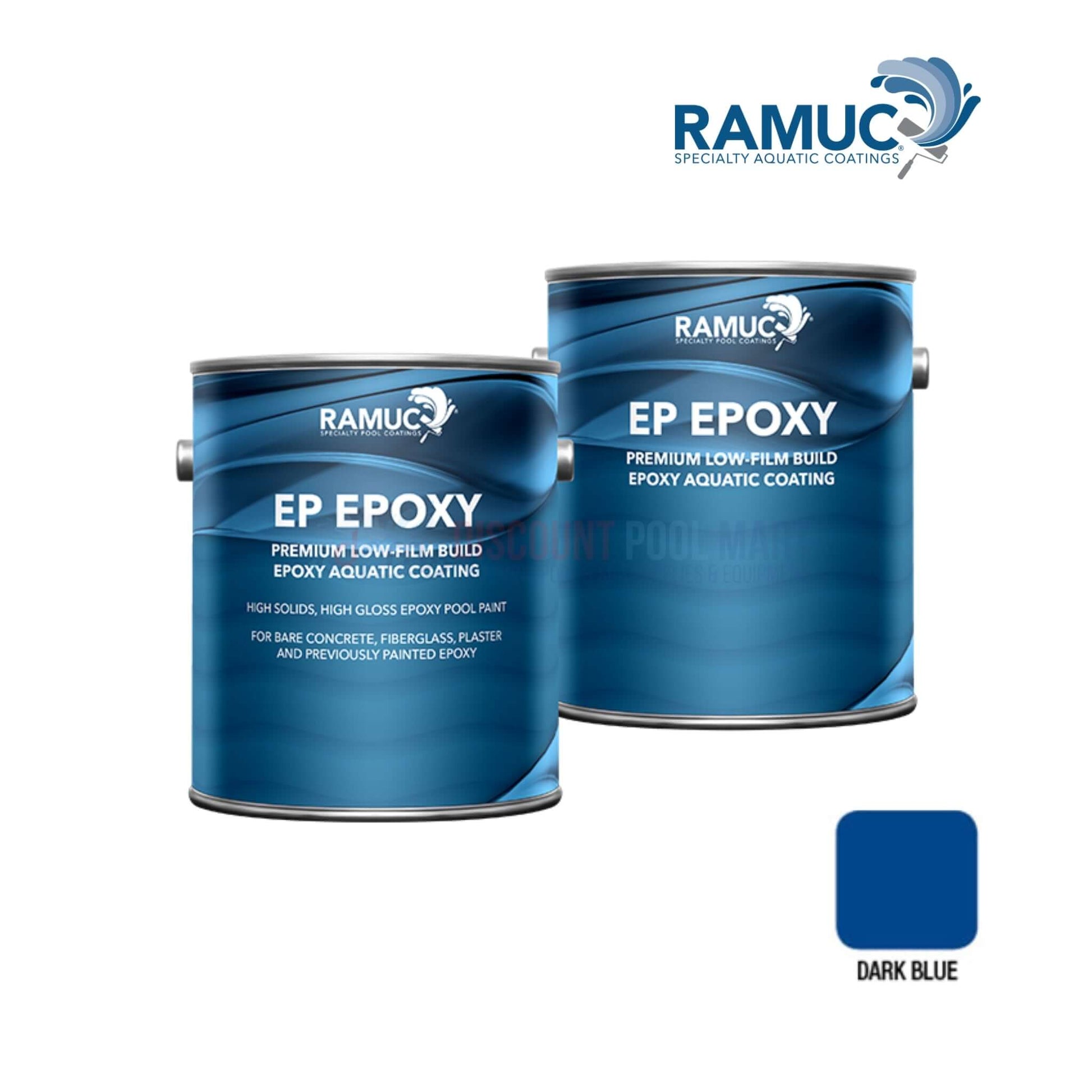 RAMUC EP Epoxy Pool Paint cans in Dark Blue, high gloss finish for swimming pools, available at Discount Pool Mart DPM.