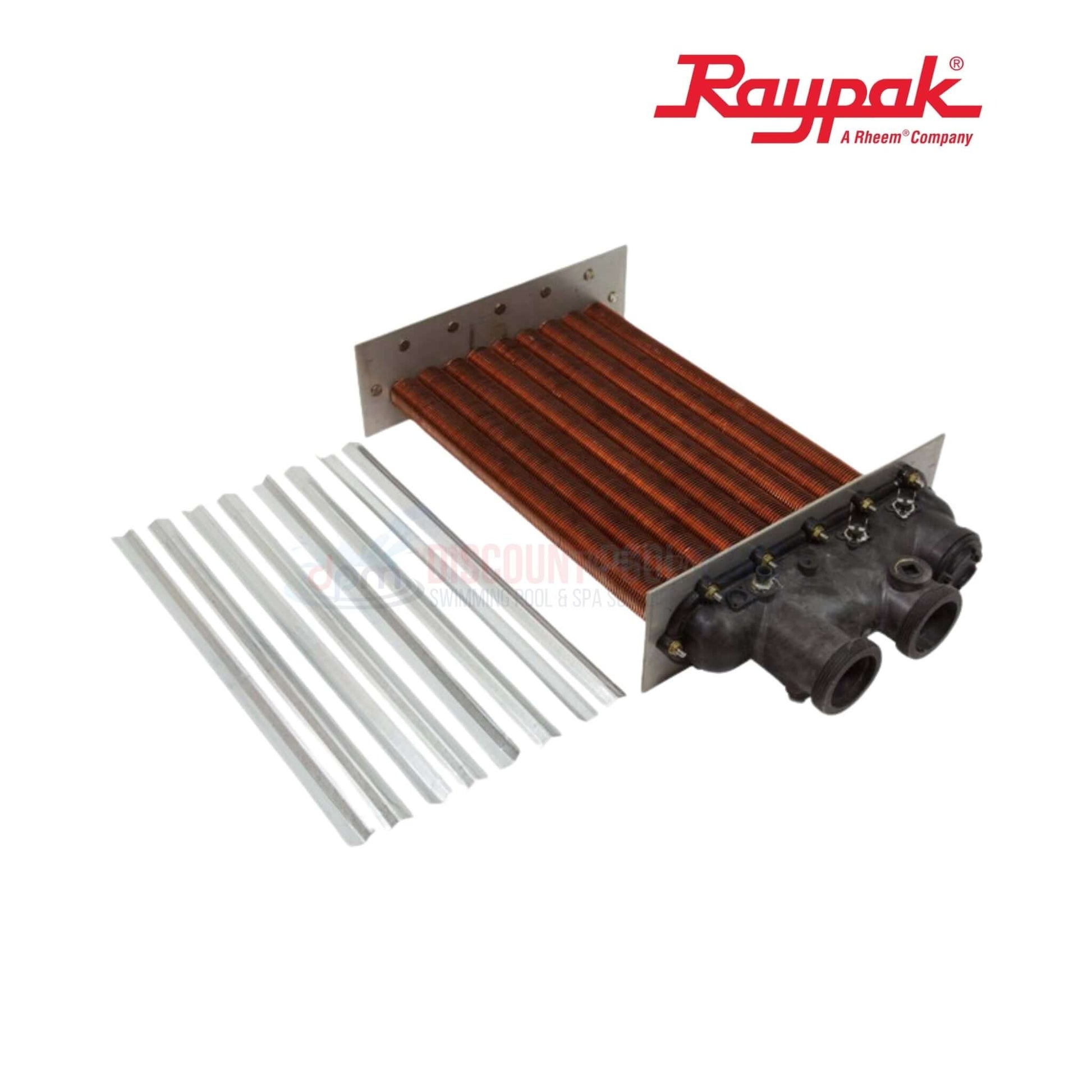 Raypak Copper Heat Exchanger Assembly 406-407 Polymer, DPM, part numbers 010046F, 017997F for efficient heating.