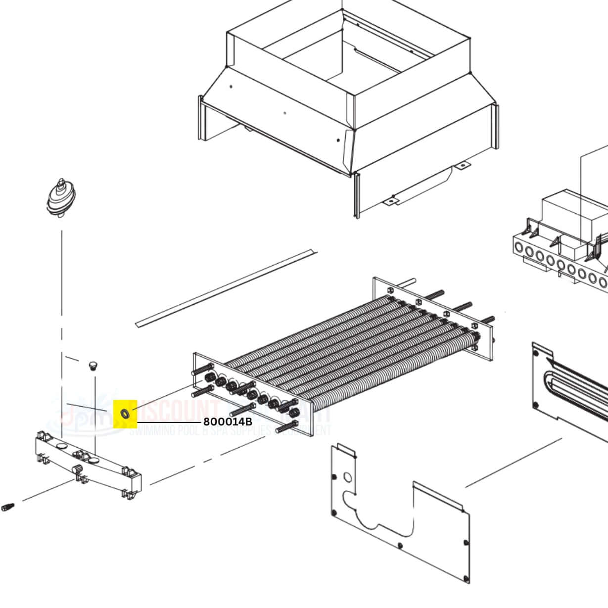 Raypak Header Gasket 800014B diagram for heaters, 3/4" size, from Discount Pool Mart DPM, showing parts layout.