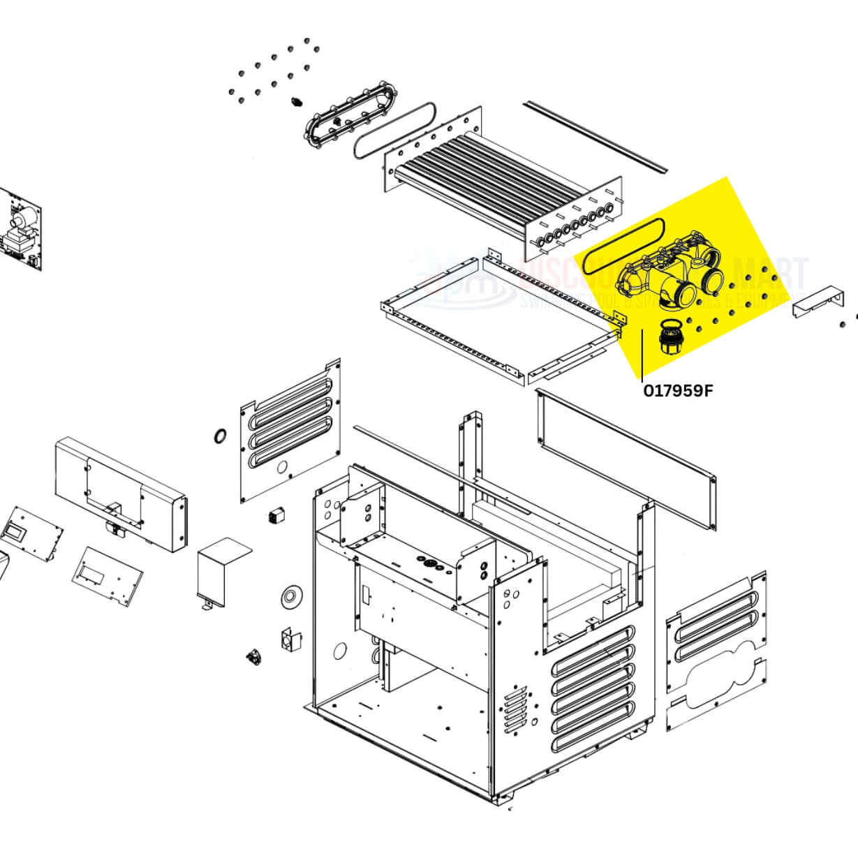 Raypak Protek Shield Inlet Outlet Header Assembly 017959F diagram for pool heaters from Discount Pool Mart (DPM)
