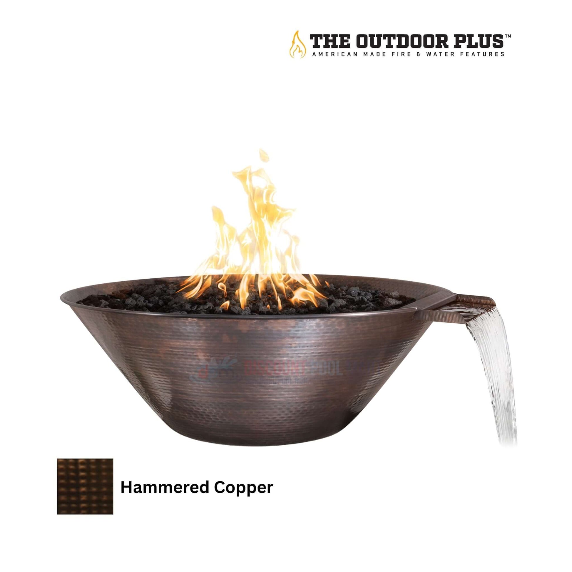 The Outdoor Plus Remi Fire & Water Bowl in Hammered Patina Copper, 31", from Discount Pool Mart DPM, showcasing flames and water feature.