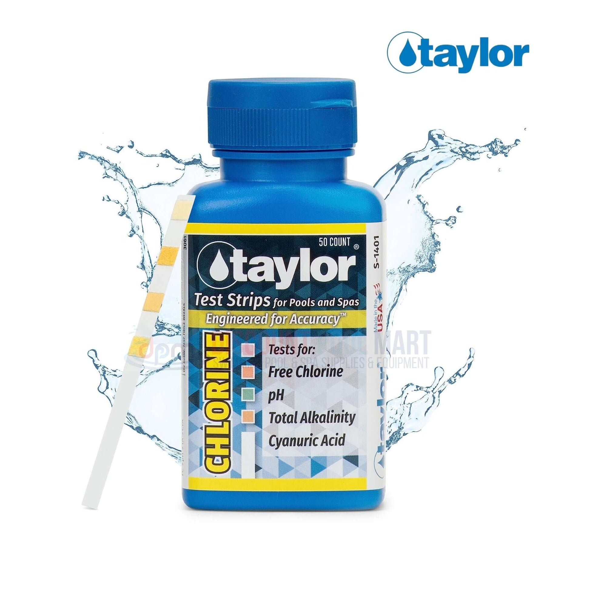 S-1401 | Taylor 4-Way Chlorine Test Strips | 50 Strips in blue bottle with splash, tests free chlorine, pH, alkalinity, cyanuric acid for pool supplies from Discount Pool Mart.
