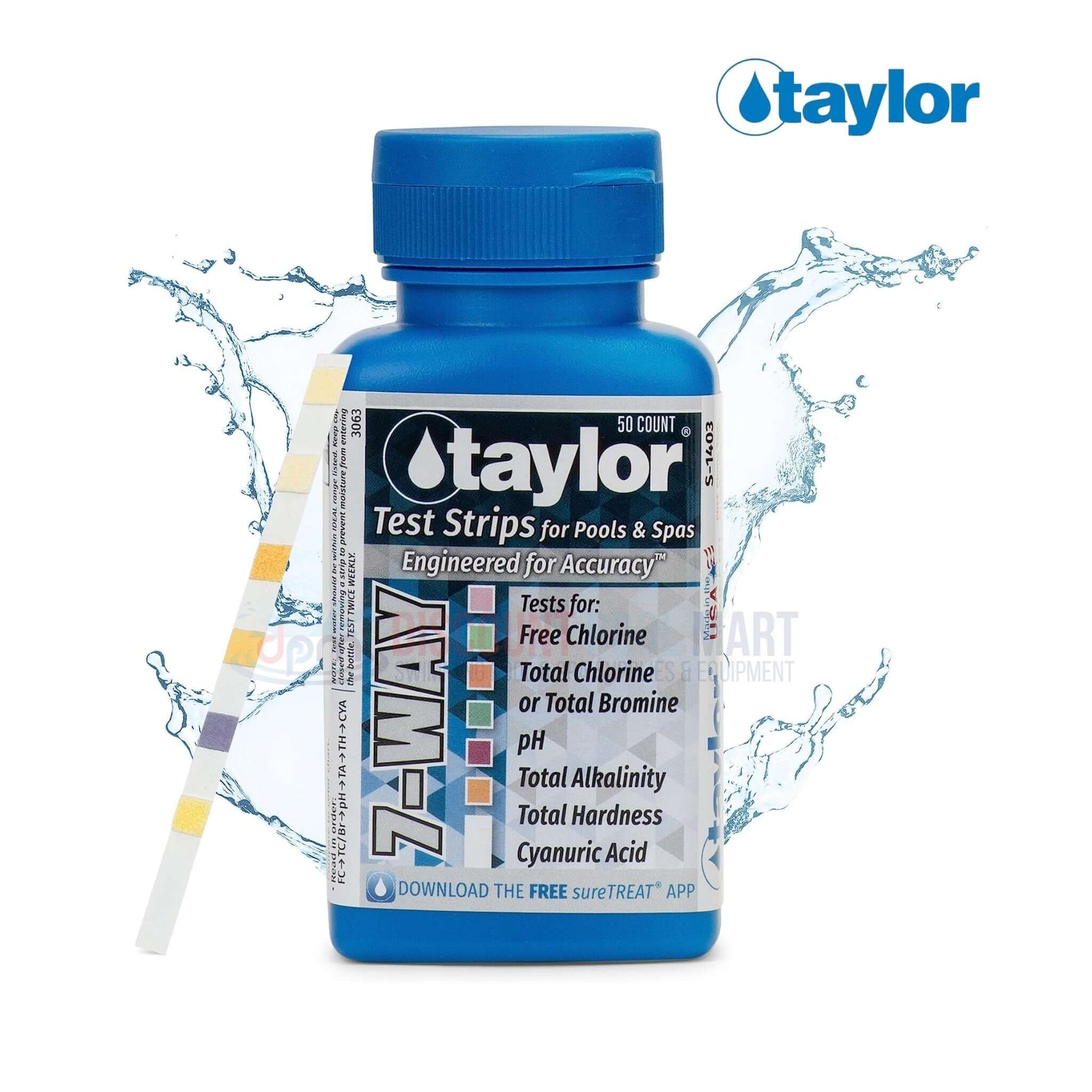S-1403 | Taylor 7-Way Test Strips | 50 Strips in blue container with splashes, tests free chlorine, pH, and more. From Discount Pool Mart.