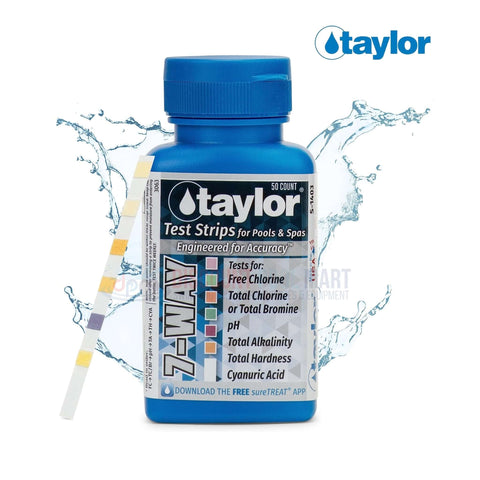 S-1403 | Taylor 7-Way Test Strips | 50 Strips in blue container with splashes, tests free chlorine, pH, and more. From Discount Pool Mart.