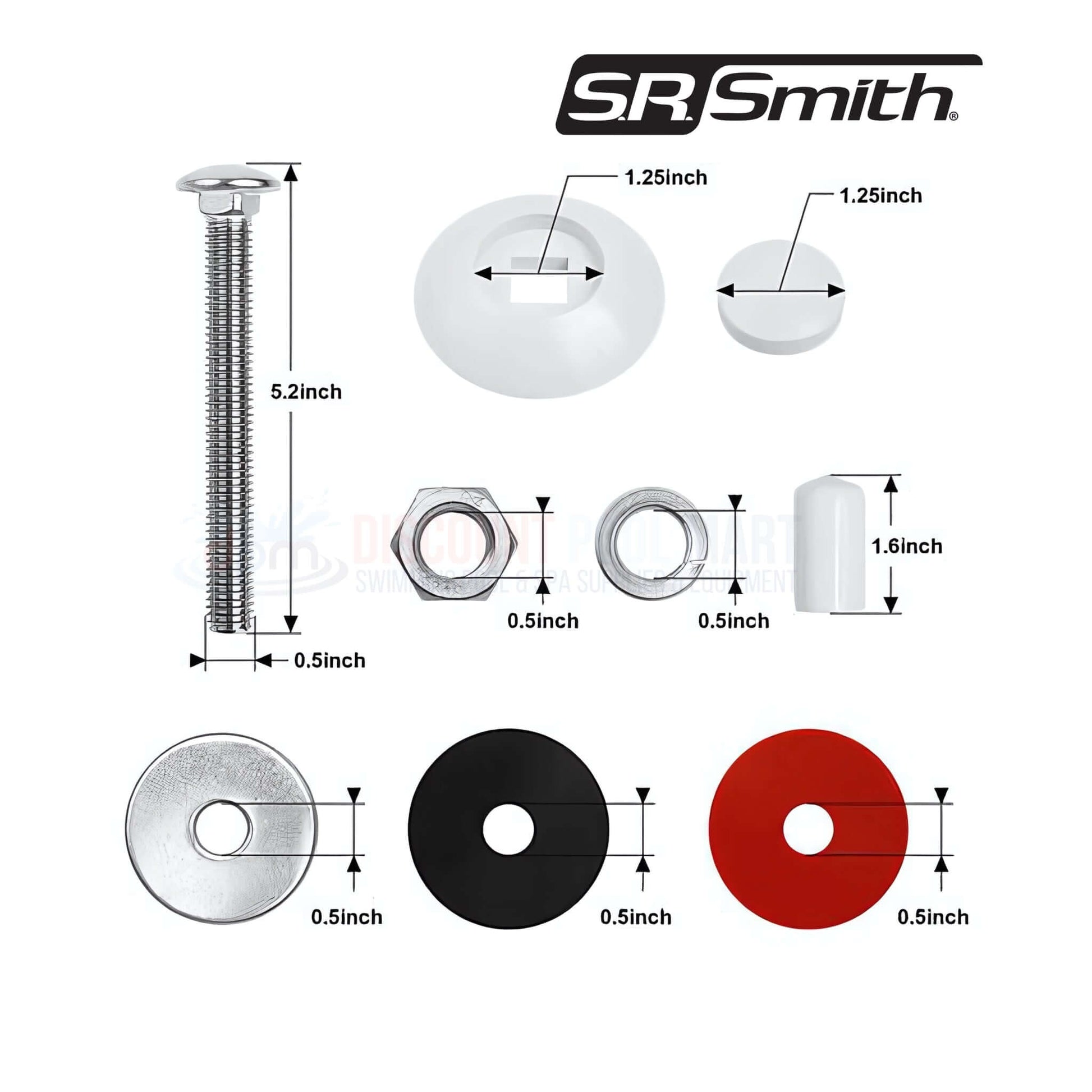 S.R. Smith Diving Board Bolt Kit components with dimensions, ideal for installation; SKU 67-209-911-SS; Discount Pool Mart DPM.