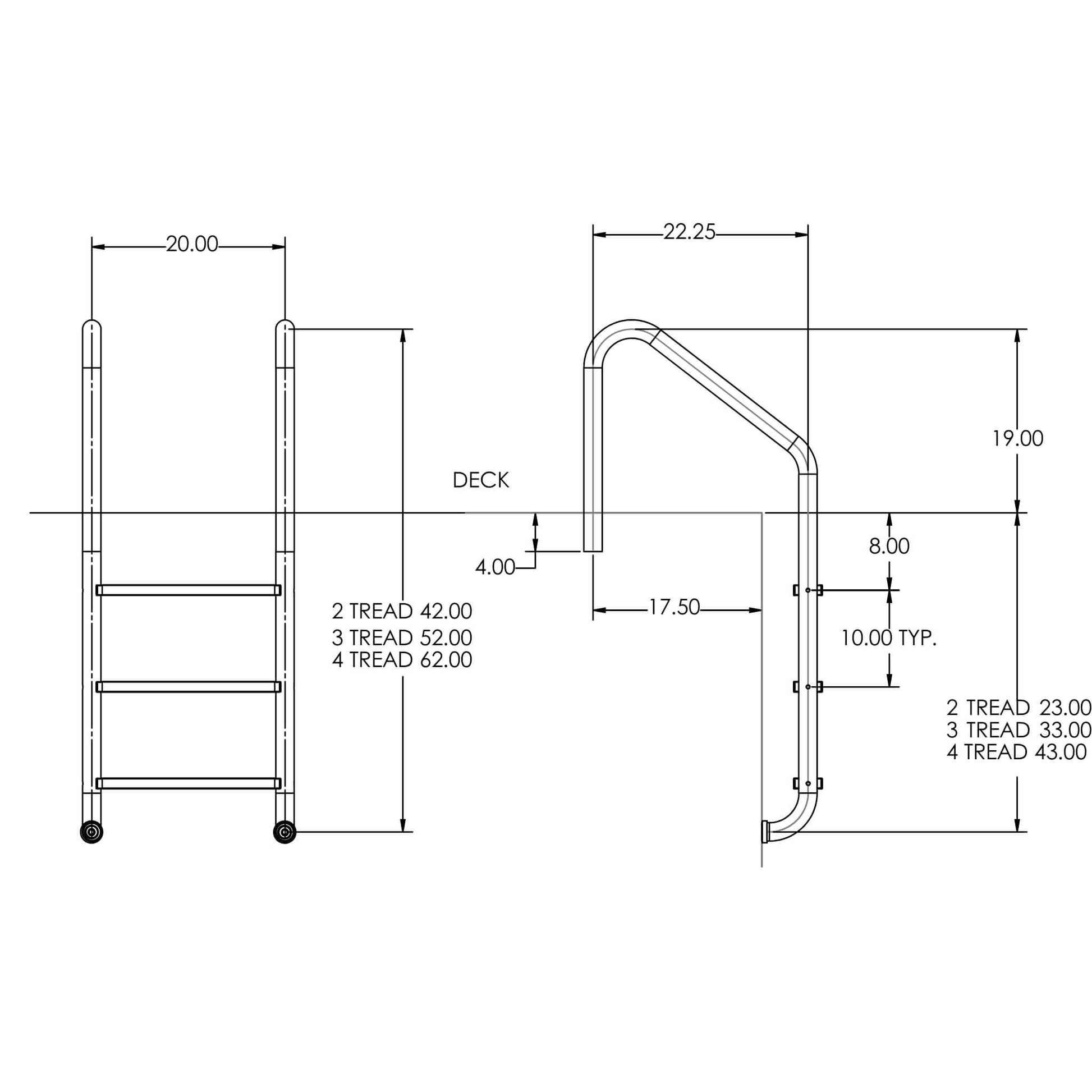 Technical drawing of S.R.Smith Stainless Steel 3-Step Ladder VLLS-103E with dimensions, from Discount Pool Mart DPM.