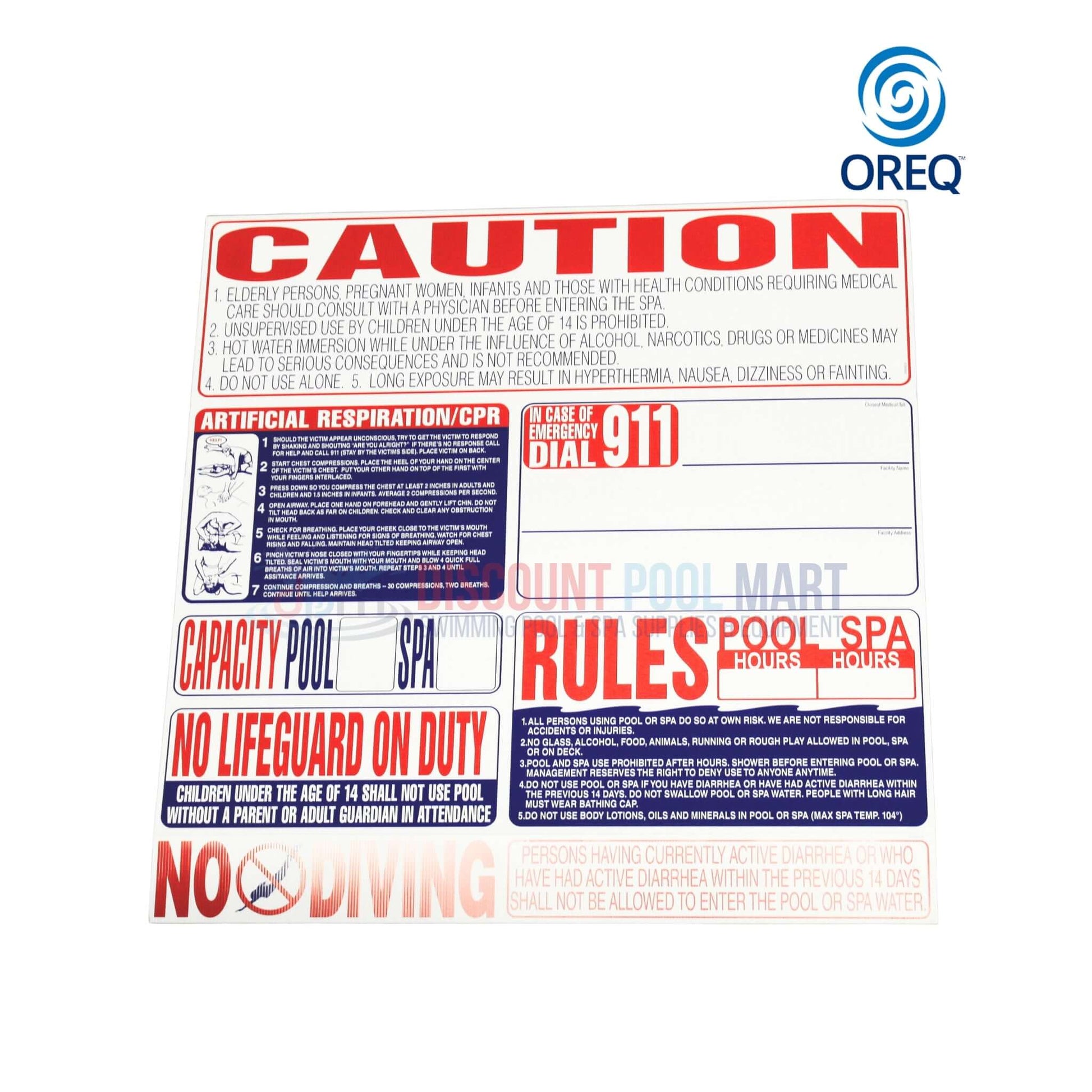 SI9000CA | Oreq 8-In-1 California Pool Safety Sign on white background, featuring caution messages for pool safety, available at Discount Pool Mart.