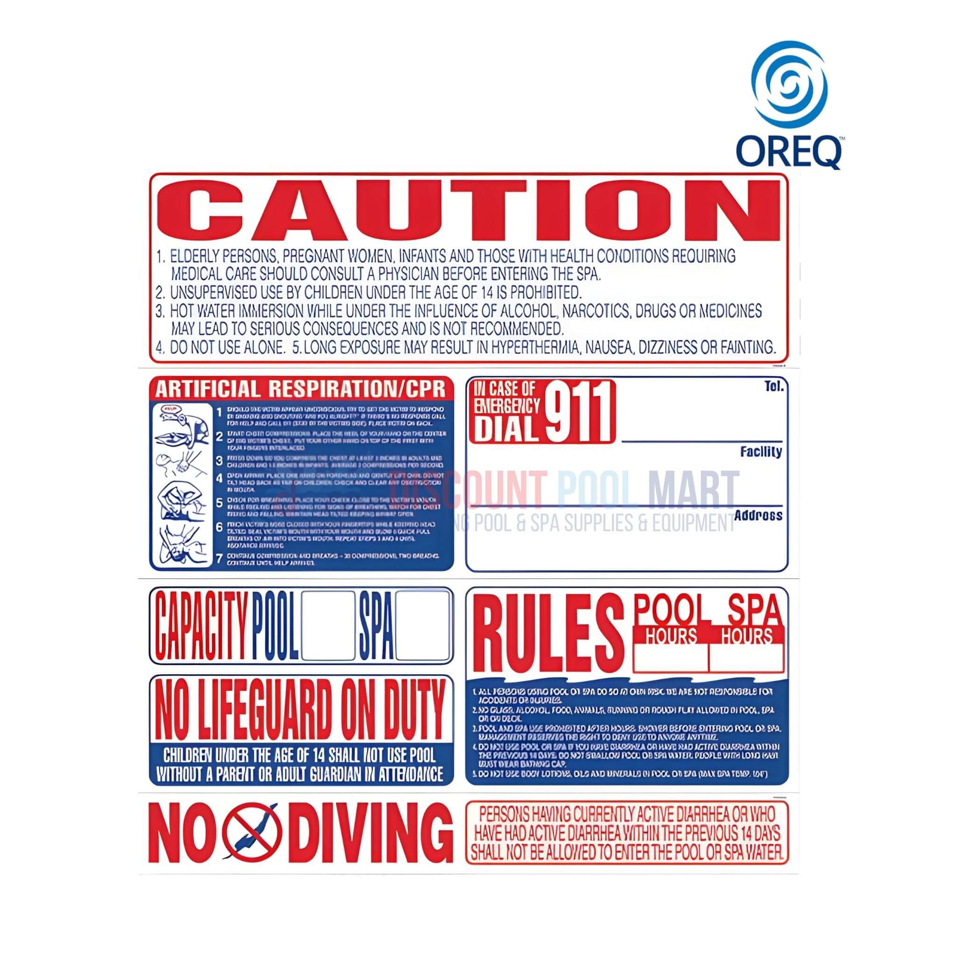 SI9000CA | Oreq 8-In-1 California Pool Safety Sign displaying safety messages, rules, and emergency numbers, ideal for pool fences from Discount Pool Mart.