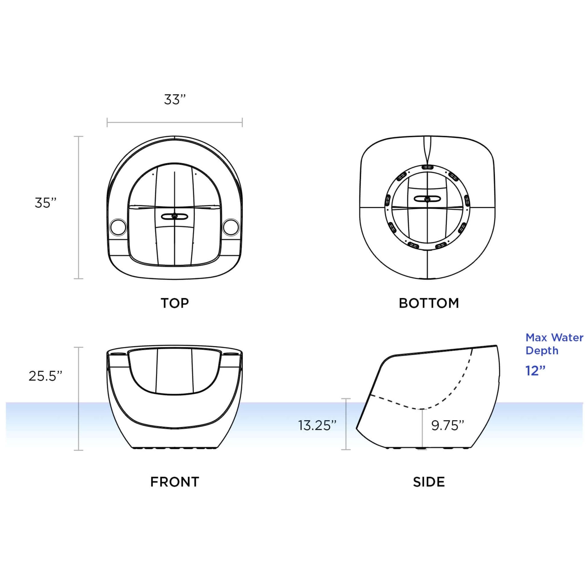 Dimensions of TenJam Pool Moon Chair Splash showing top, bottom, front, and side views with max water depth of 12 inches. SKU: DPM