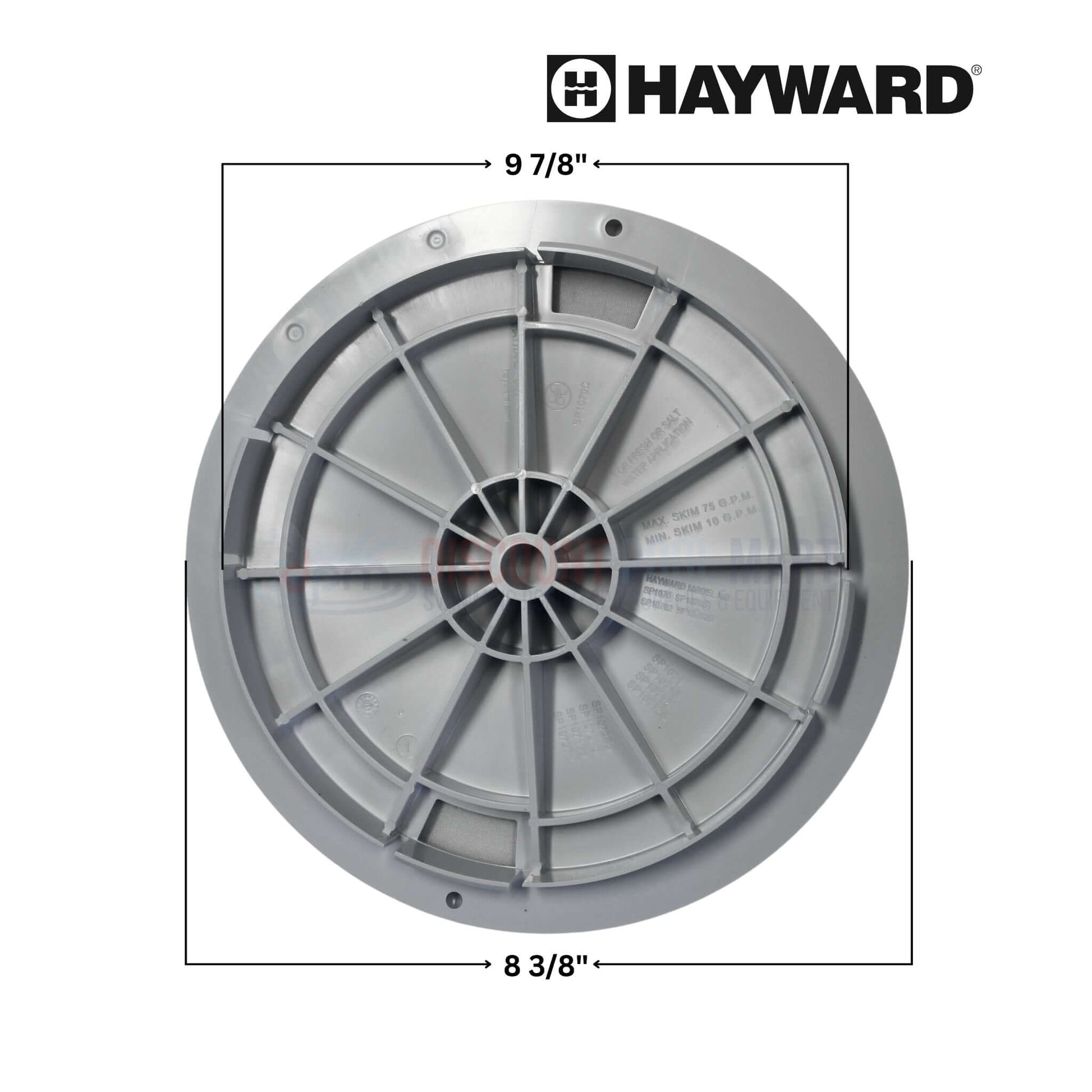 SPX1070C | Hayward SP1070 Skim-Master Series Skimmer Lid | White, shown from top view with measurements, durable material for pool skimmers.