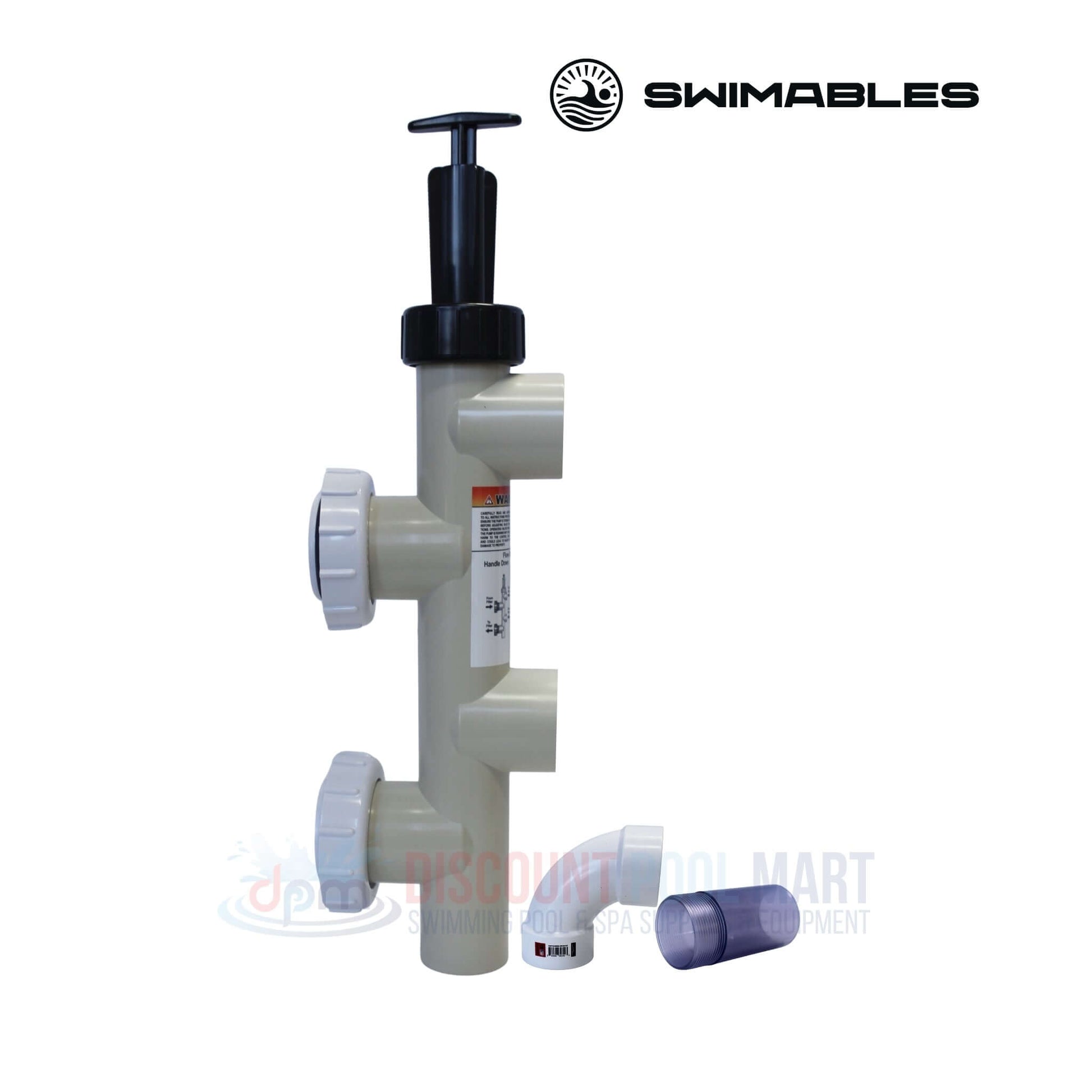 SW-26-064 | Swimables Pentair Push Pull Backwash Valve | 263064 shown from the front, featuring a black handle and white fittings, ideal for swimming pool parts.