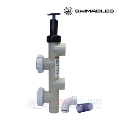 SW-26-064 | Swimables Pentair Push Pull Backwash Valve | 263064 shown from the front, featuring a black handle and white fittings, ideal for swimming pool parts.
