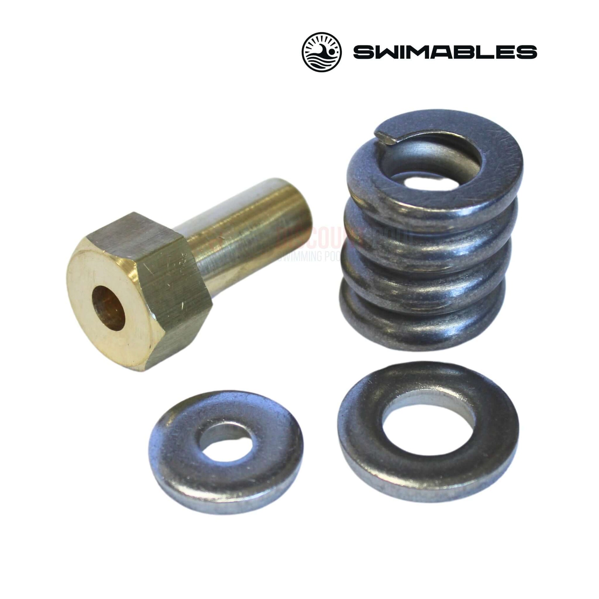 SW-26-531 Swimables Spring Barrel Nut assembly showing brass nut, metal spring, and washers for Pentair filters, pool supplies, Discount Pool Mart.