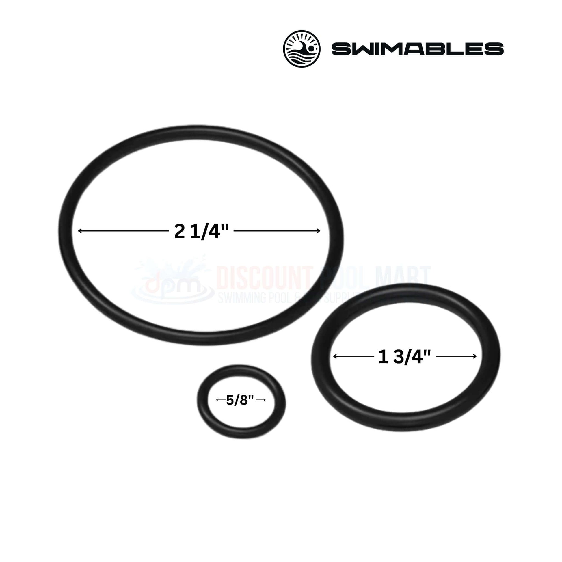SW-80-513 | Swimables Pentair FNS Plus Push & Pull Backwash O-Ring Kit showing three O-rings with sizes 2 1/4", 1 3/4", and 5/8" from Discount Pool Mart.