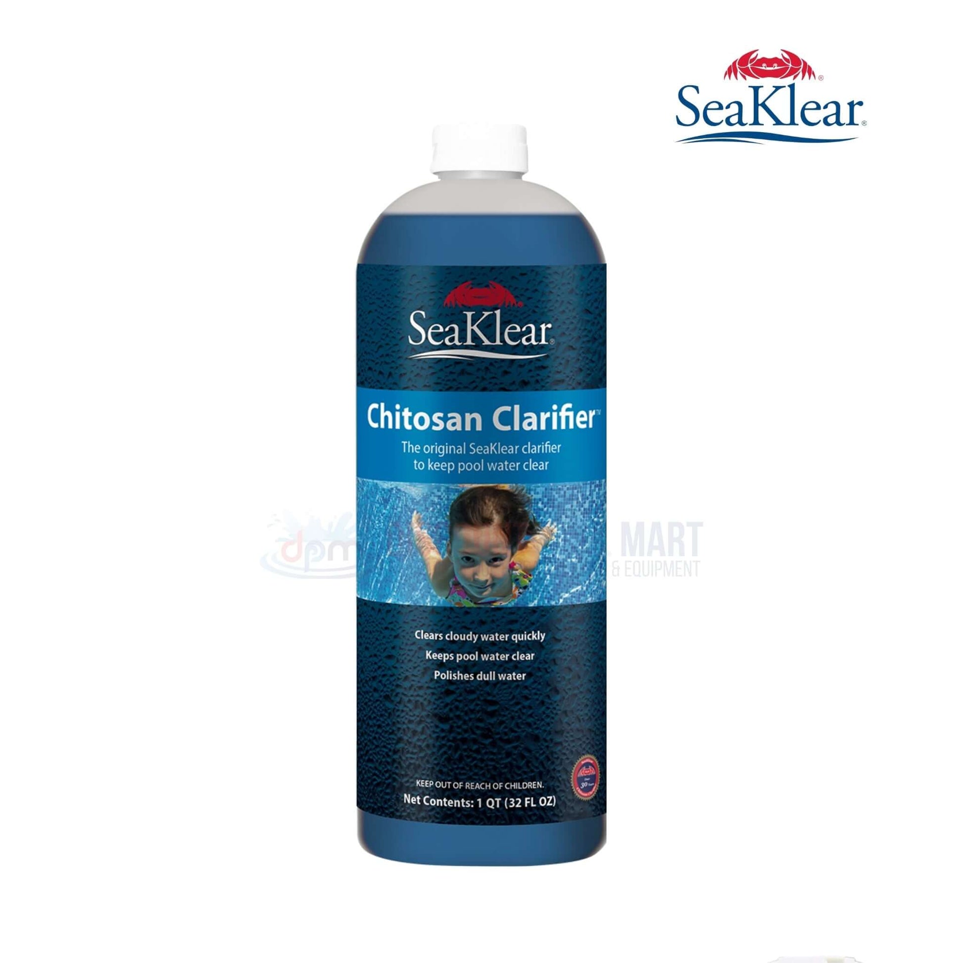 SeaKlear Chitosan Clarifier 32oz bottle for crystal-clear pool water, available at Discount Pool Mart DPM.