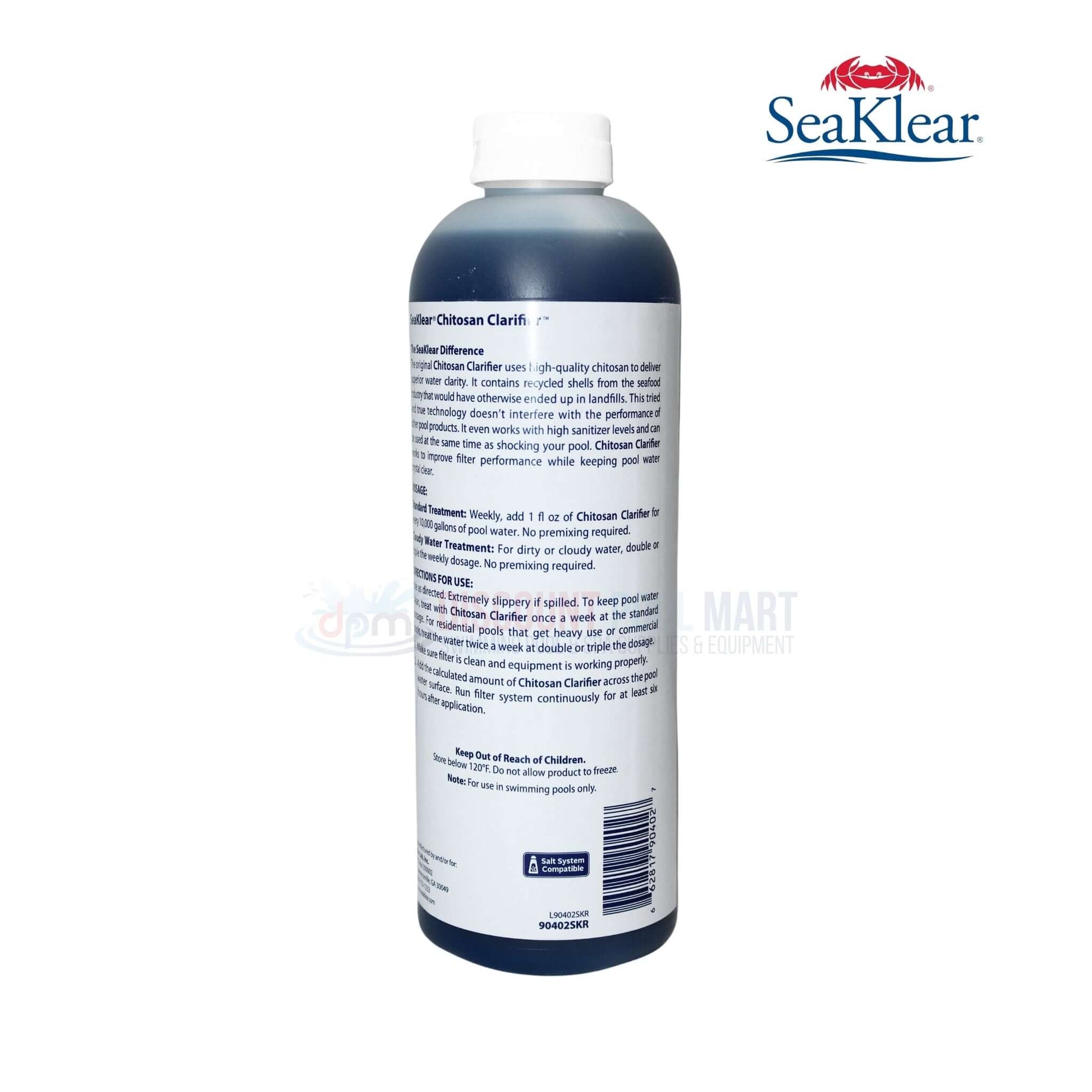 SeaKlear Chitosan Natural Clarifier 32oz bottle back view for clear pool water, available at Discount Pool Mart DPM.