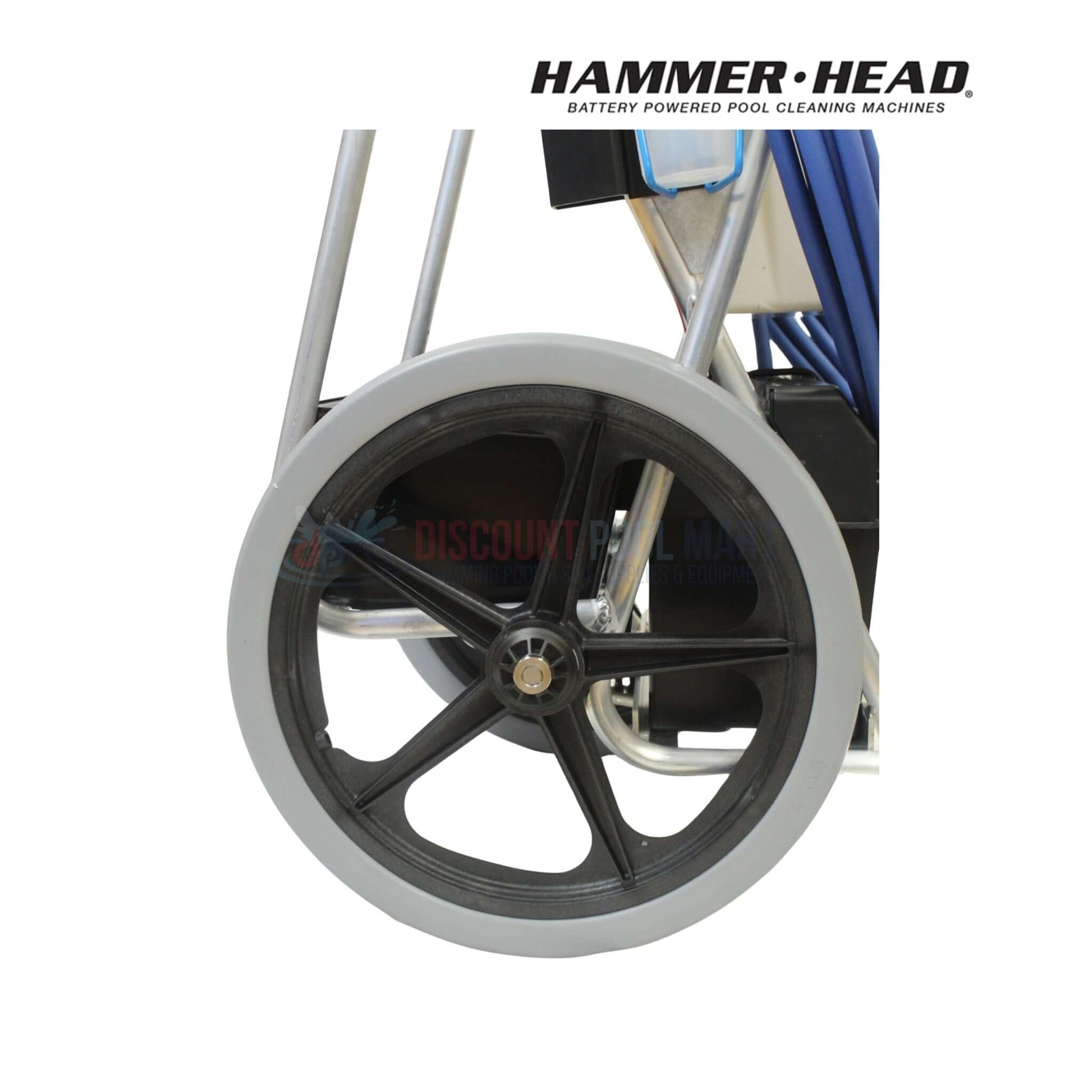 HammerHead Service-21-60 Pool Cleaner wheel close-up, showcasing durable design for efficient pool cleaning. Discount Pool Mart logo included.