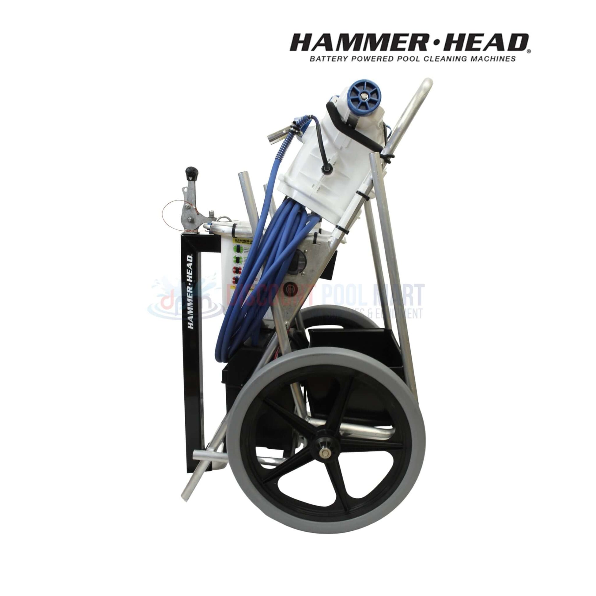 Service-21-60 | HammerHead 21" Pool Cleaner 60' Cord shown in 3/4 view, featuring large wheels, blue hoses, and a robust design. DPM pool supplies.