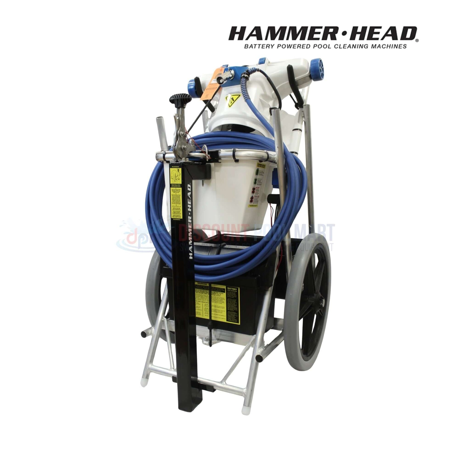 Service-21-60 | HammerHead 21" Pool Cleaner 60' Cord on cart with blue hoses, ideal for pool maintenance from Discount Pool Mart.