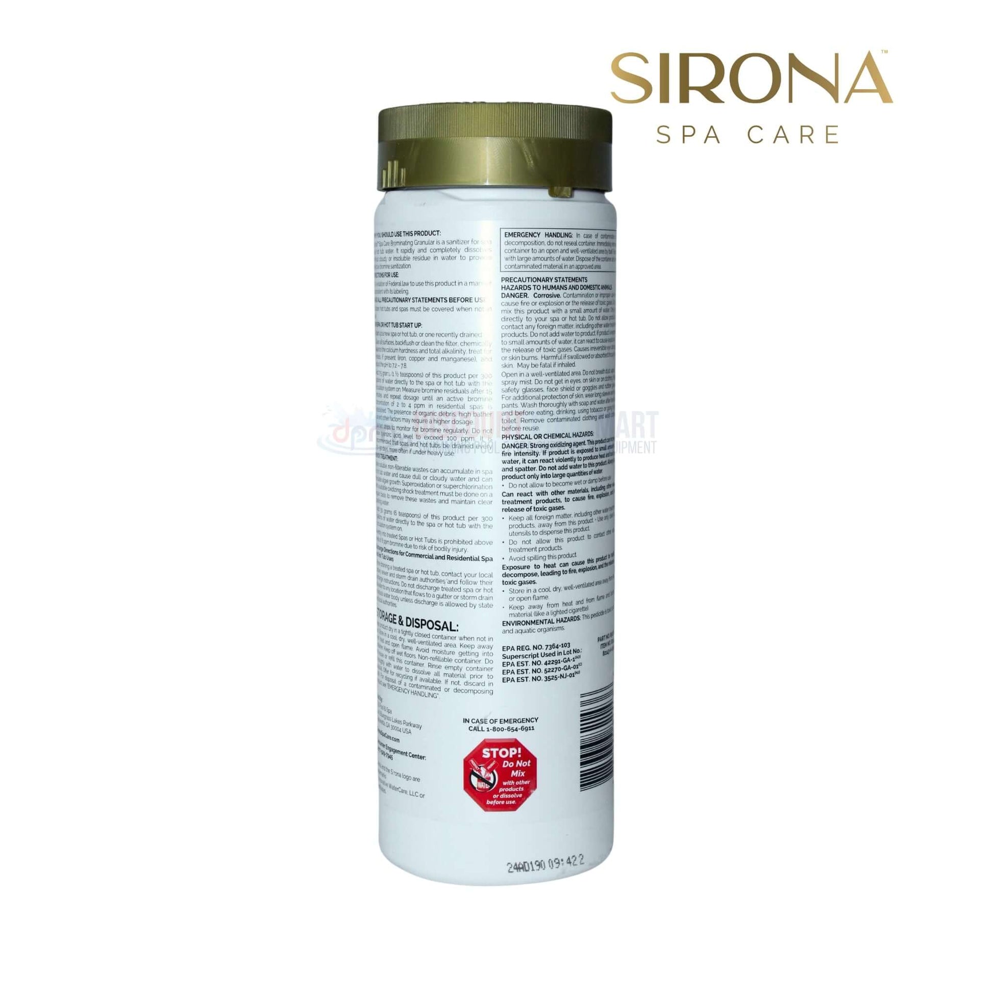 Sirona Brominating Granular 2 LB sanitizer for spas and hot tubs, from Discount Pool Mart DPM, fast-dissolving, water clarifying.