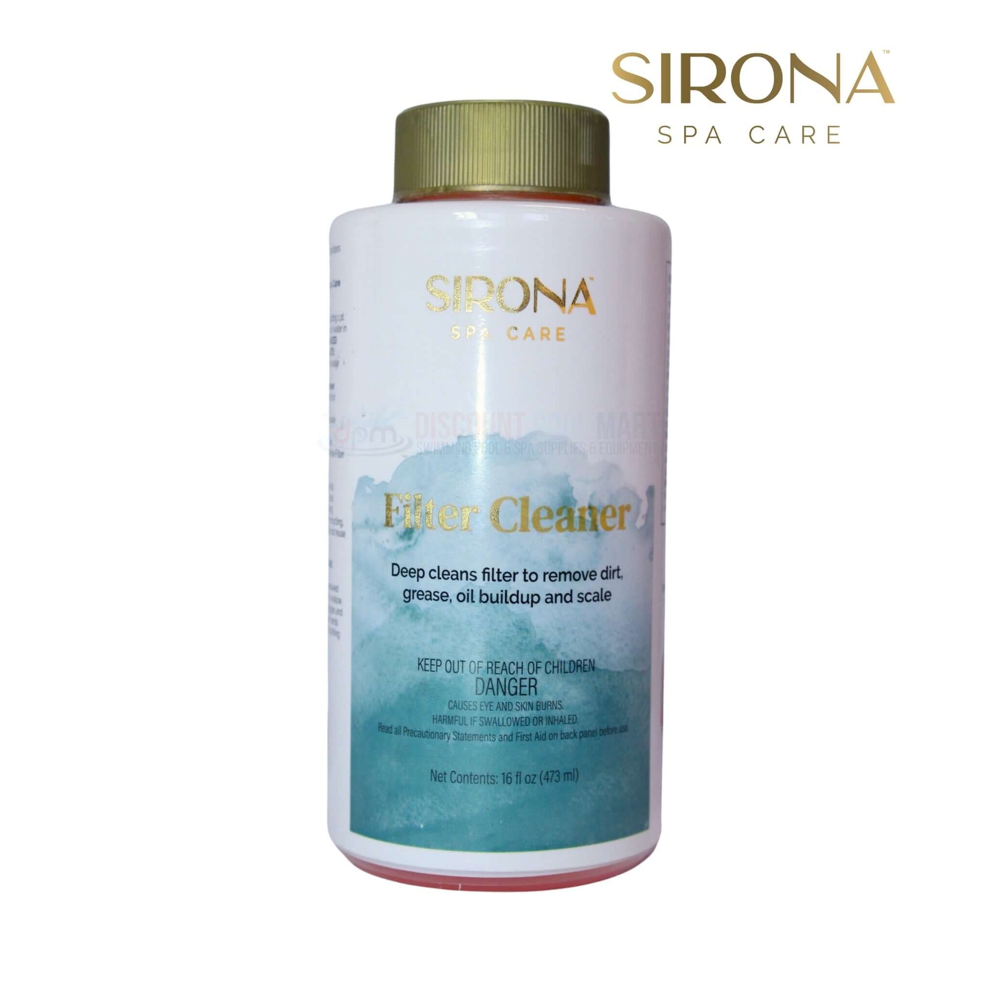 Sirona Filter Cleaner 16oz by Discount Pool Mart, deep cleans spa filters, removes dirt, grease, and scale buildup.