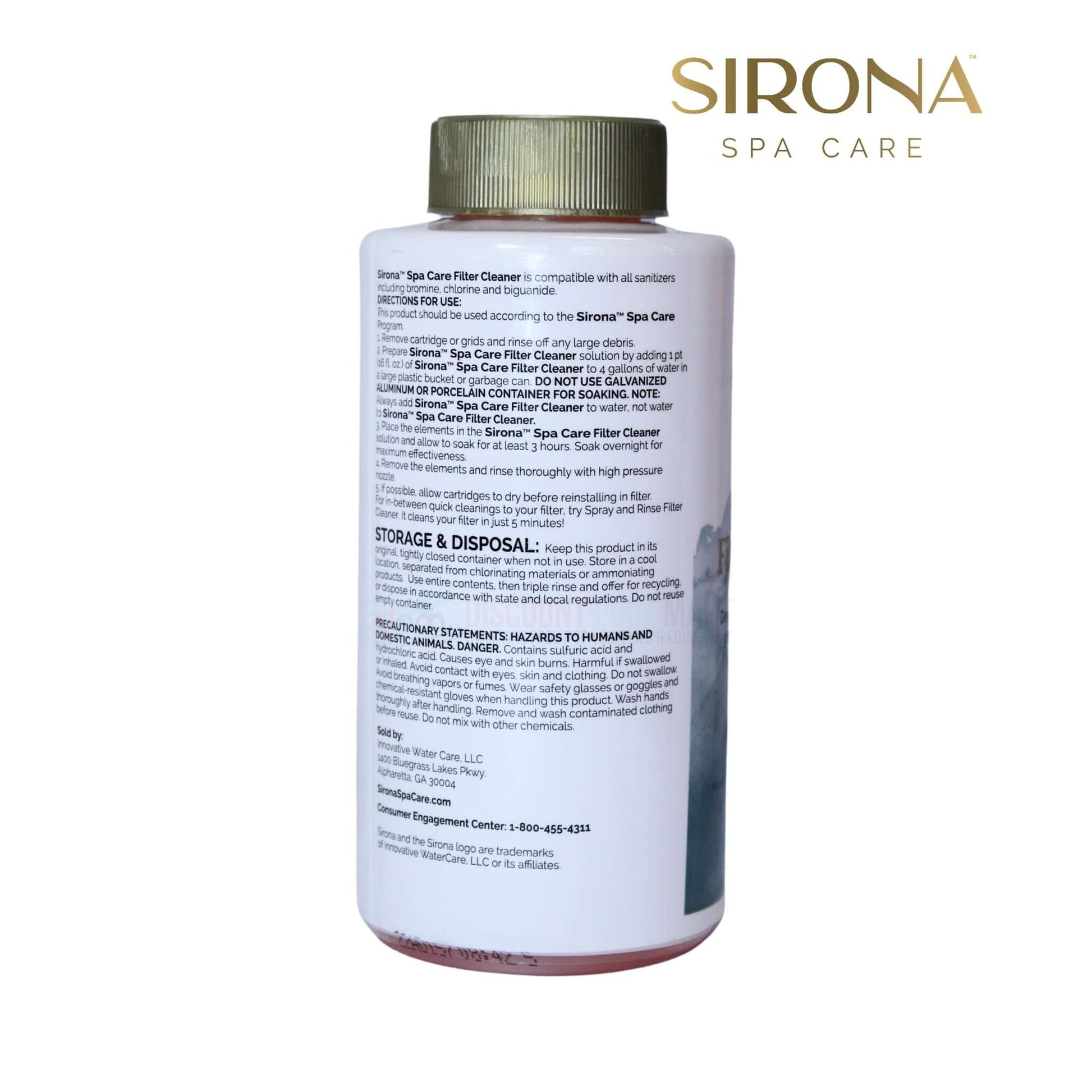 Sirona Filter Cleaner 16oz bottle back view showing instructions for use and disposal by Discount Pool Mart DPM.