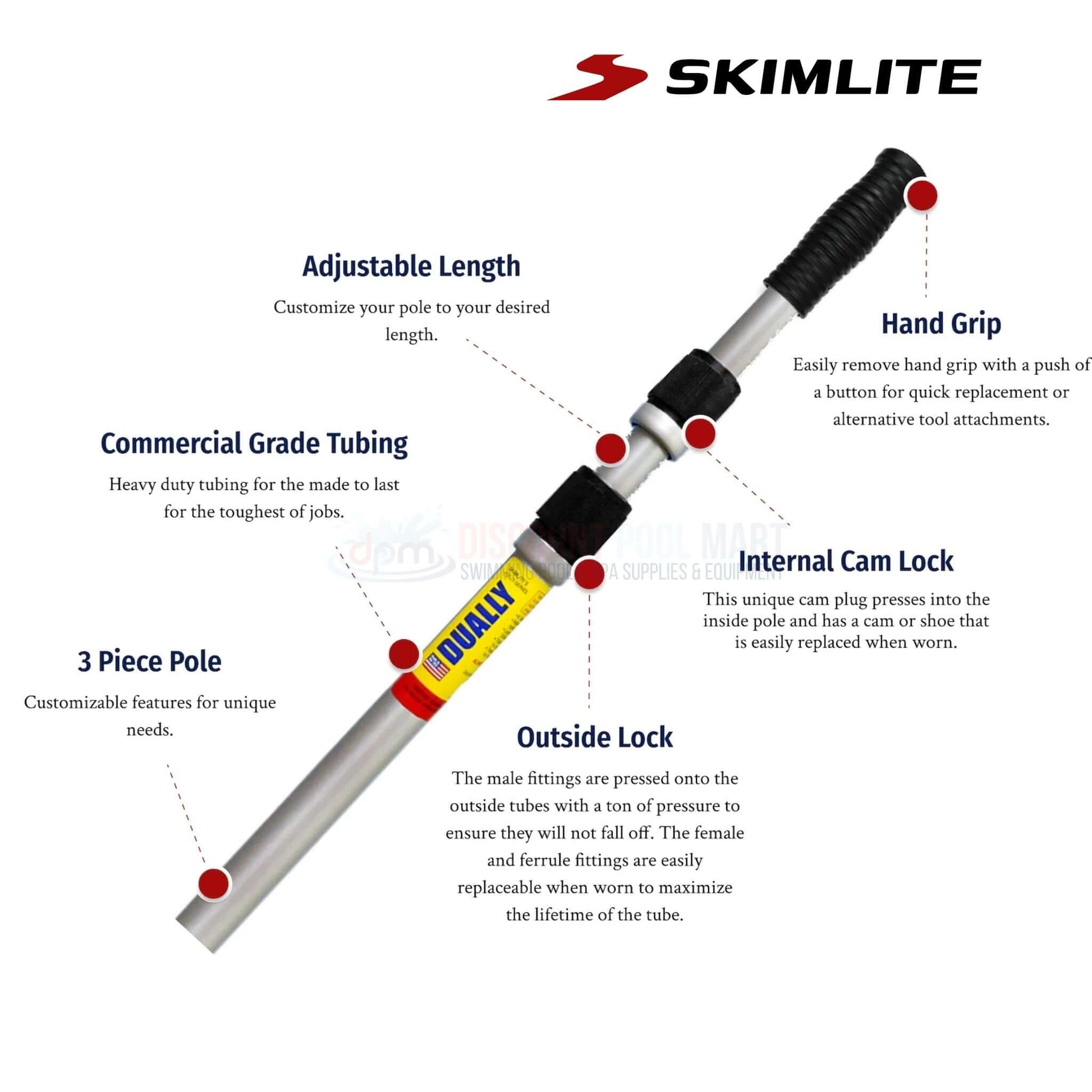 Skimlite Dually Telescopic Pole features adjustable length, dual locking system, and durable aluminum, from Discount Pool Mart DPM.