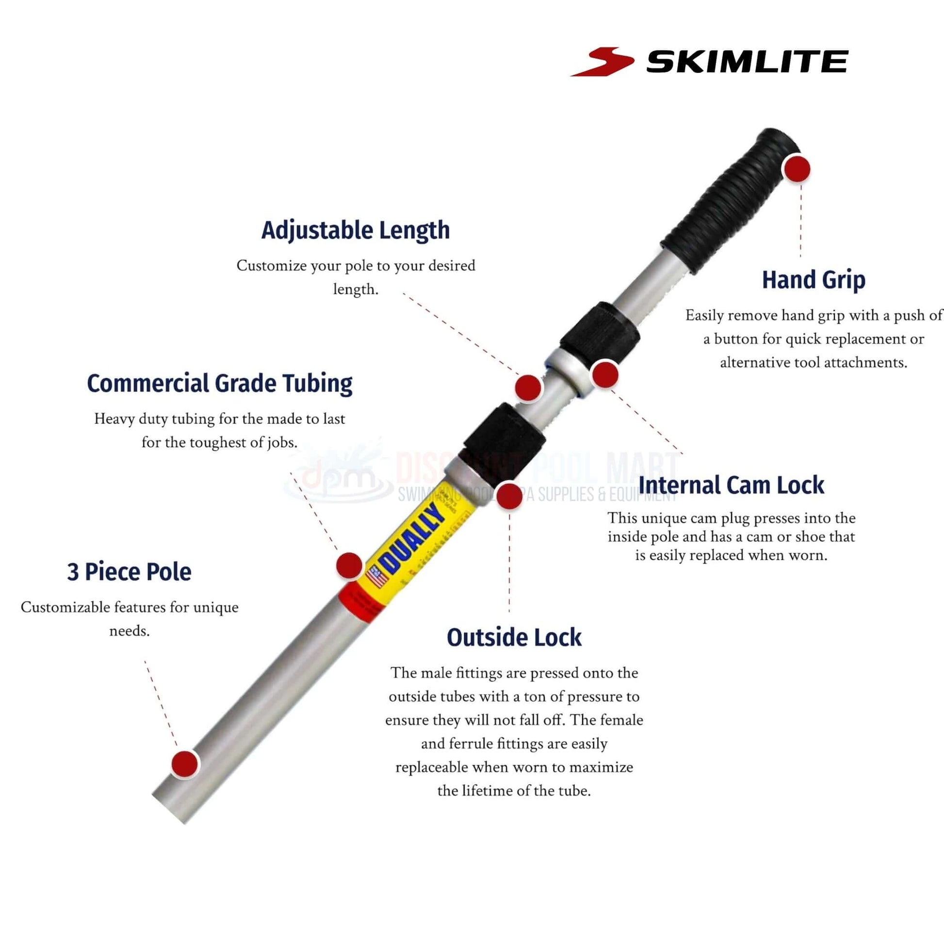 Skimlite Dually Telescopic Pole features adjustable length, dual locking system, and commercial-grade tubing from Discount Pool Mart DPM.