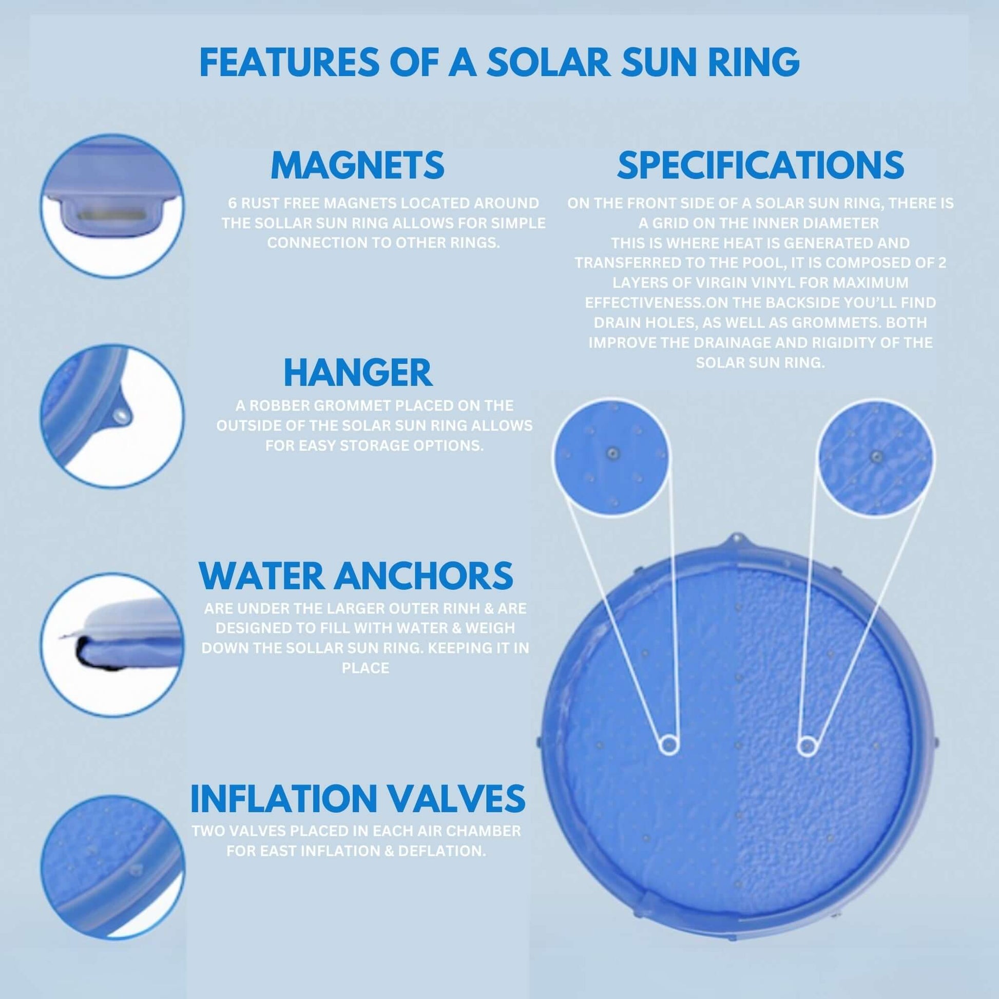Features of a Solar Sun Ring: magnets, hanger, water anchors, inflation valves for effective heating at Discount Pool Mart DPM.