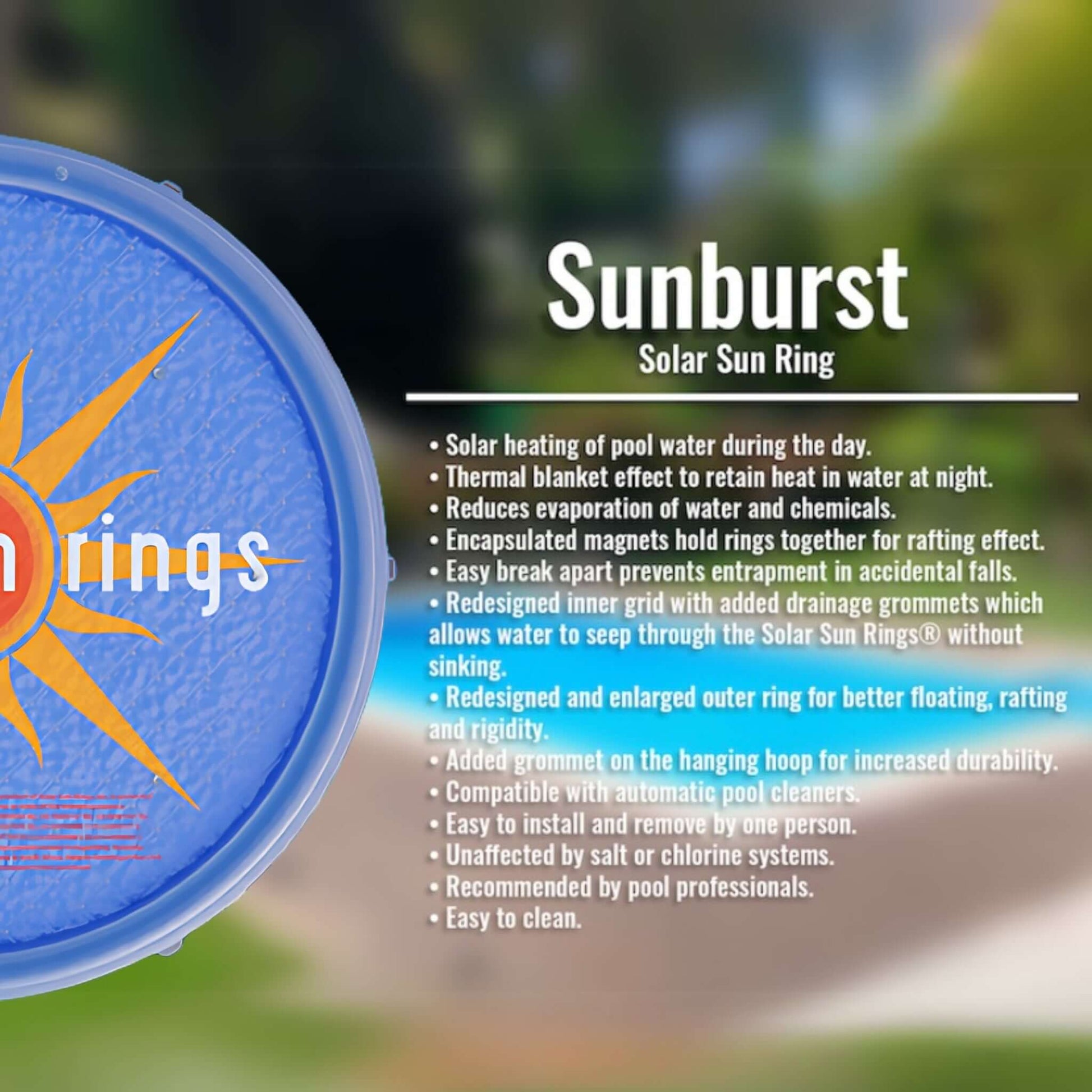 Solar Sun Rings Pool Cover with Sunburst Design by Discount Pool Mart DPM, durable, easy to use, 5' diameter.