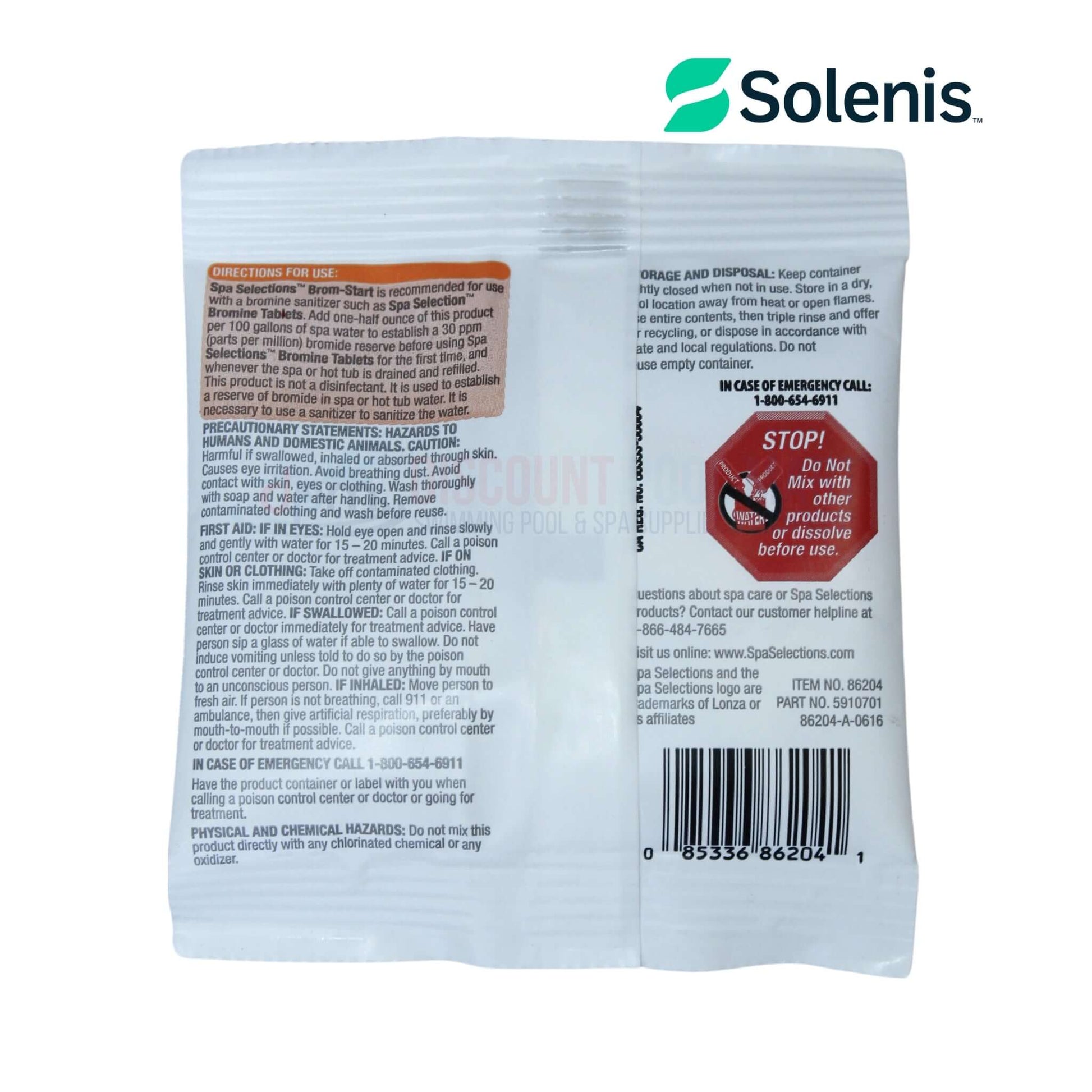Solenis Brom-Start Spa Bromide Reserve 86204 2oz packaging directions from Discount Pool Mart DPM.